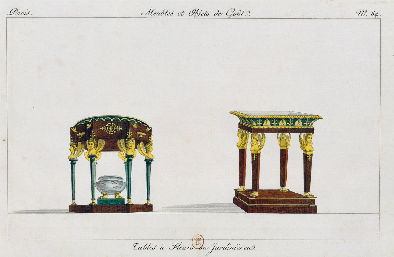 Mesas para flores o soportes para flores, lámina 84, ilustración de Collection de meubles et objects de gout (Colección de muebles y objetos de gusto) de Pierre de La Mesangere