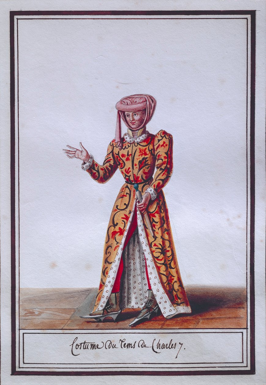 Placa de moda femenina que representa el traje de la época de Carlos VII (1403-1461) de Pierre de La Mesangere
