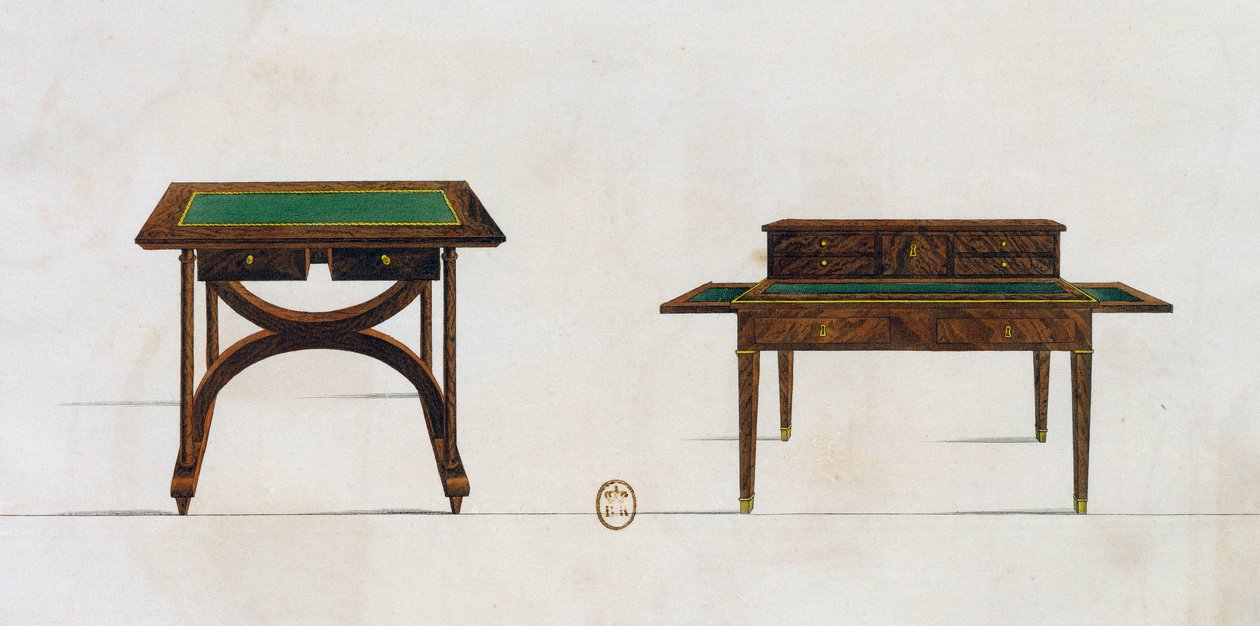 Mesa de escritura y escritorio, lámina 436, ilustración de Colección de muebles y objetos de gusto de Pierre de La Mesangere
