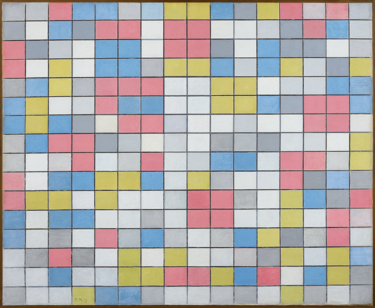 Composición con cuadrícula 9: Composición de tablero de ajedrez con colores claros, 1919 de Piet Mondrian