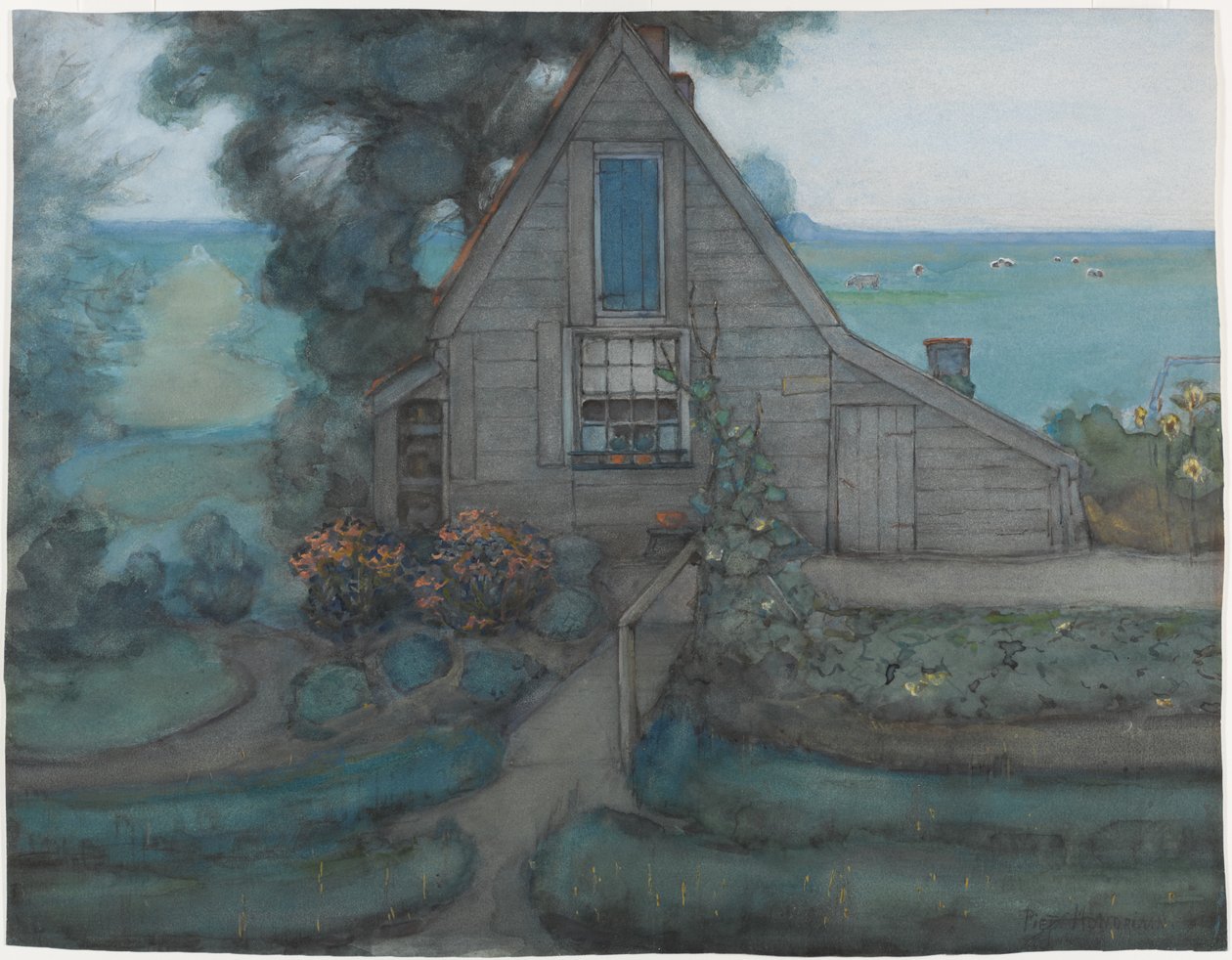 Fachada de granja triangulada con pólder en azul, c.1900 de Piet Mondrian