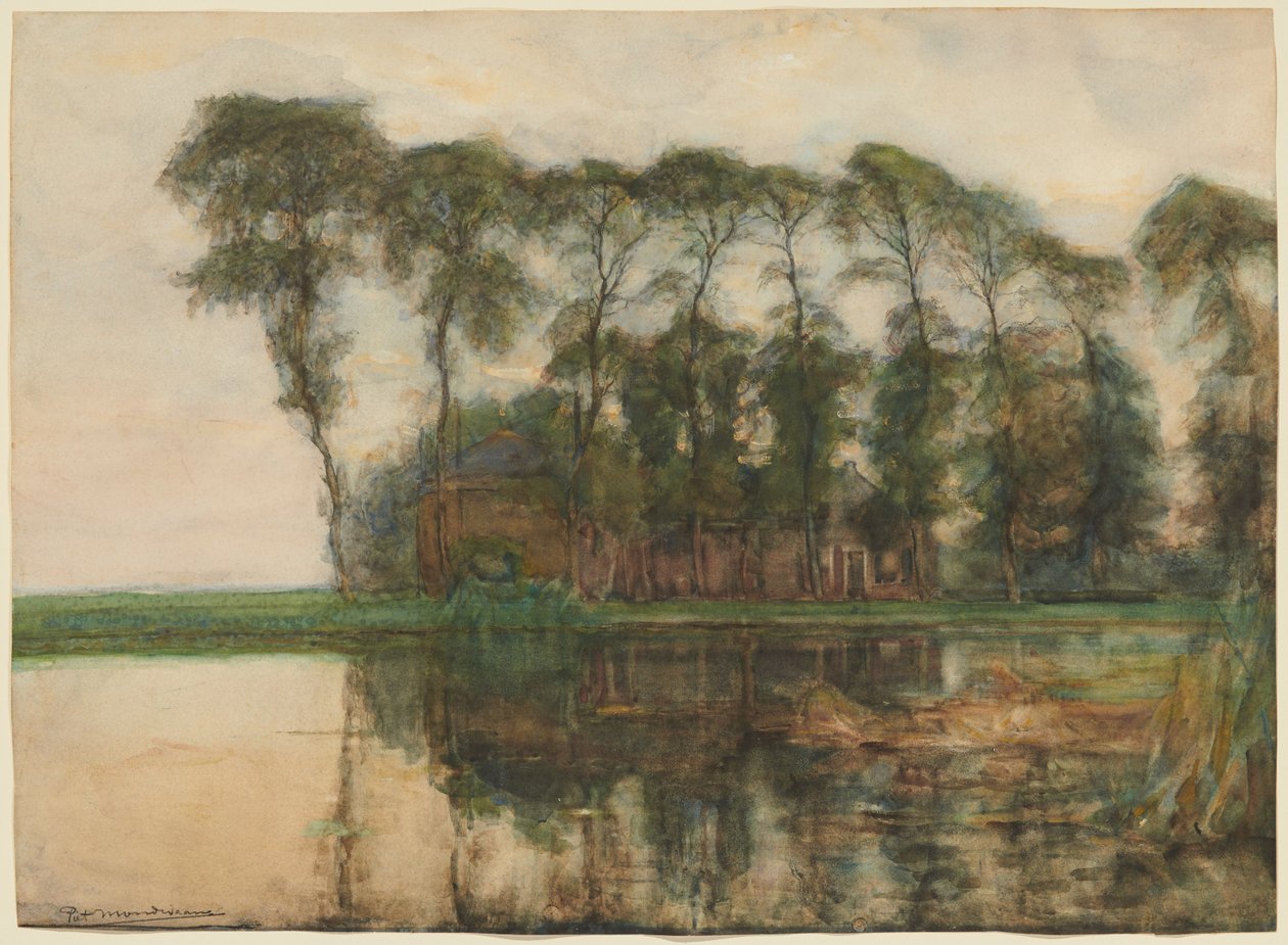 Granja junto al agua oculta por nueve árboles altos de Piet Mondrian