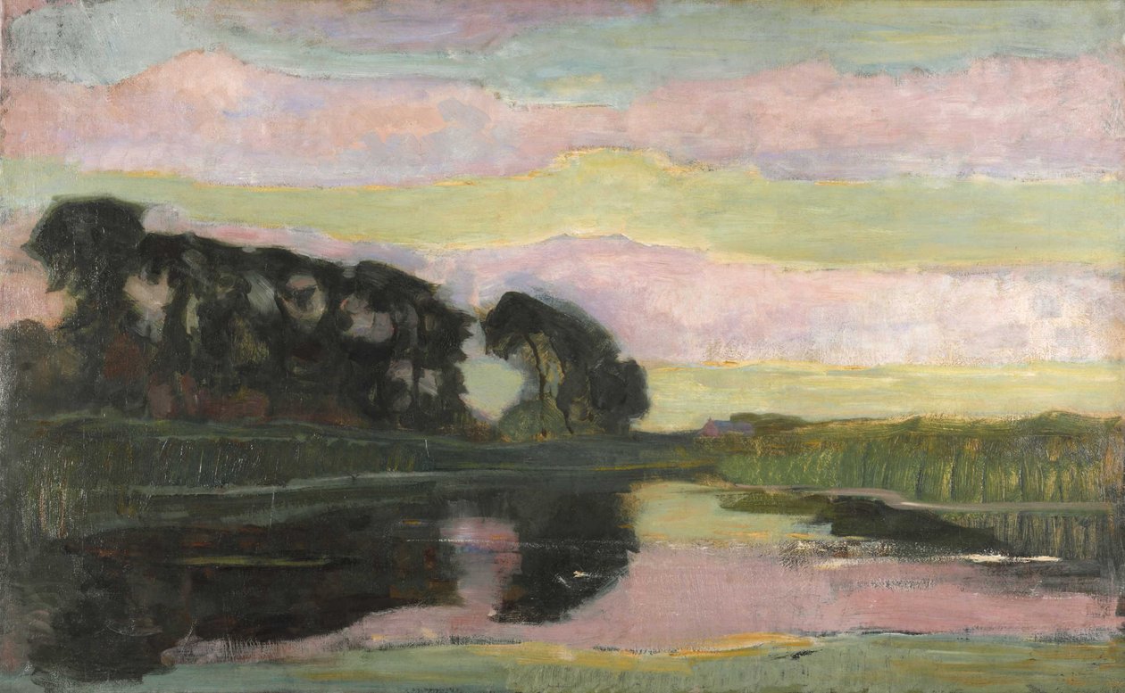 Paisaje fluvial con cielo rosa y verde amarillento, ca. 1907-1908 de Piet Mondrian