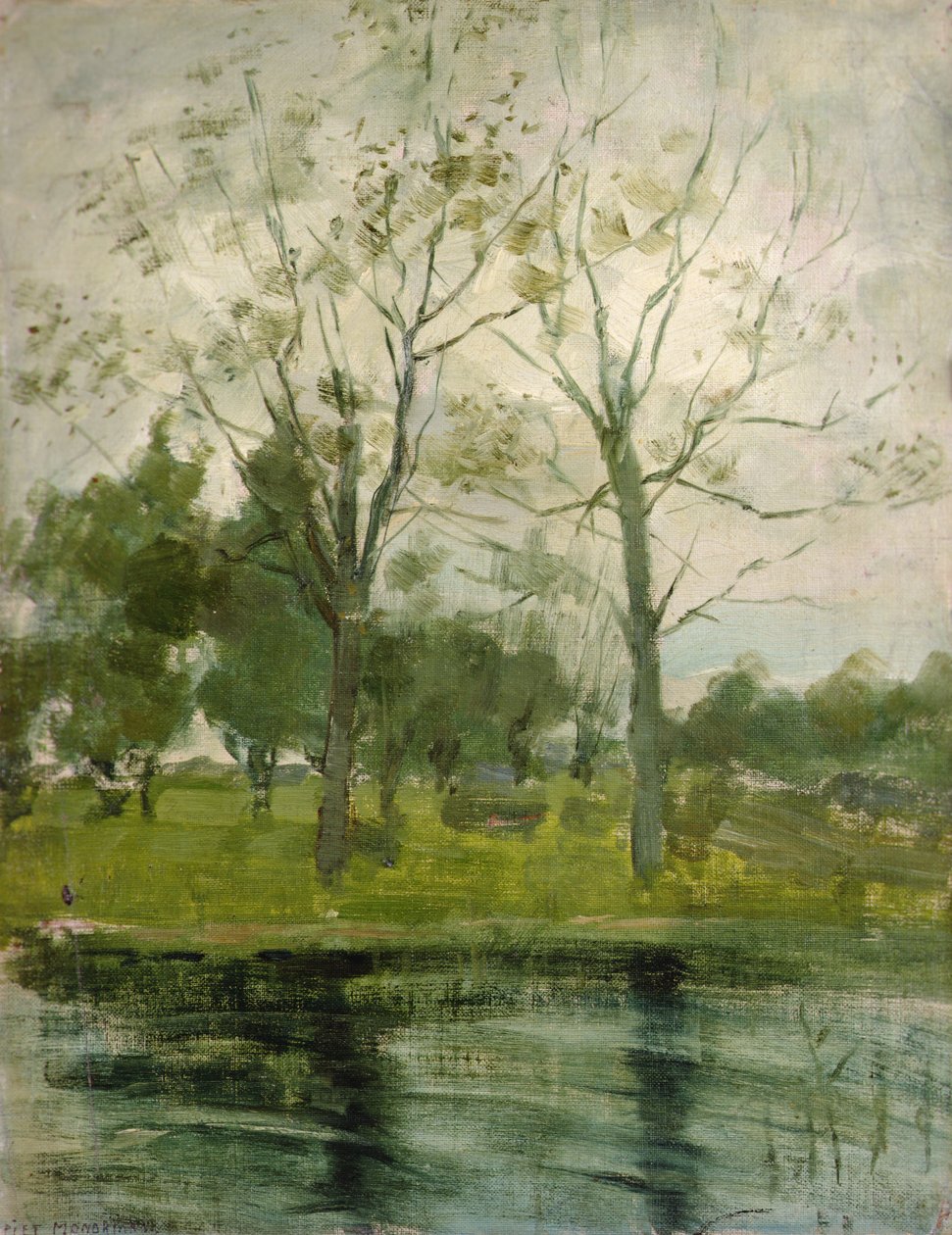 Dos árboles silueteados detrás de un curso de agua de Piet Mondrian