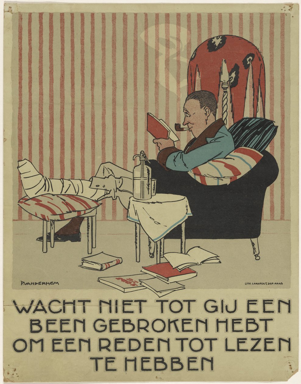 Lectura de un hombre con la pierna rota en un sillón
Campaña de promoción del libro (título de la serie) de Piet van der Hem