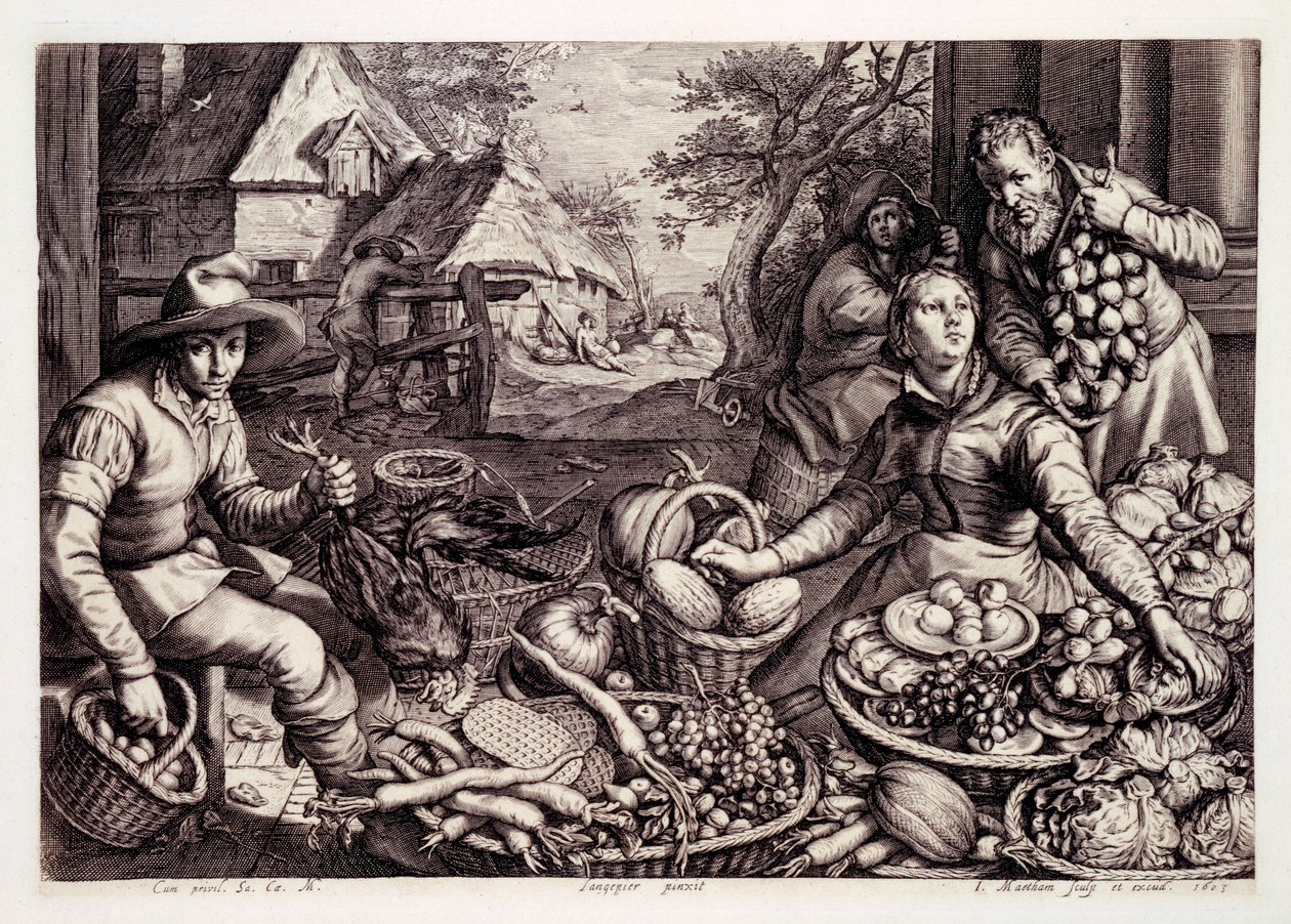 Productos de otoño y caza, grabado por Jacob Matham, 1603 de Pieter Aertsen