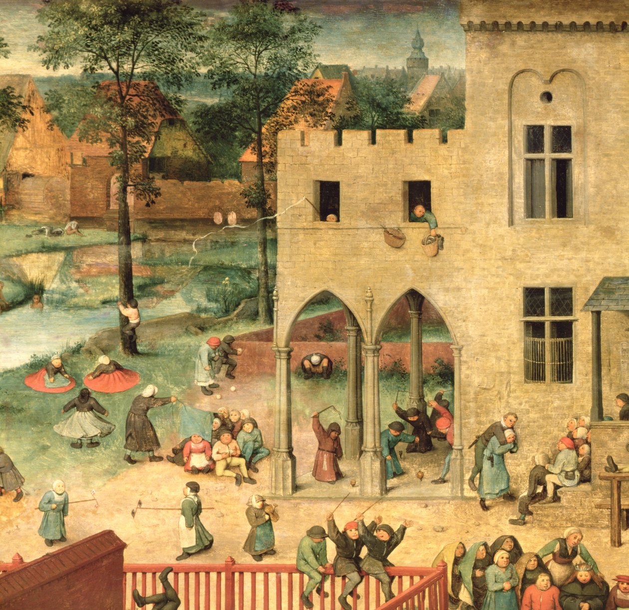 Juegos infantiles (Kinderspiele): detalle de la esquina superior izquierda mostrando a niños girando trompos y jugando a los bolos, 1560 de Pieter Bruegel the Elder