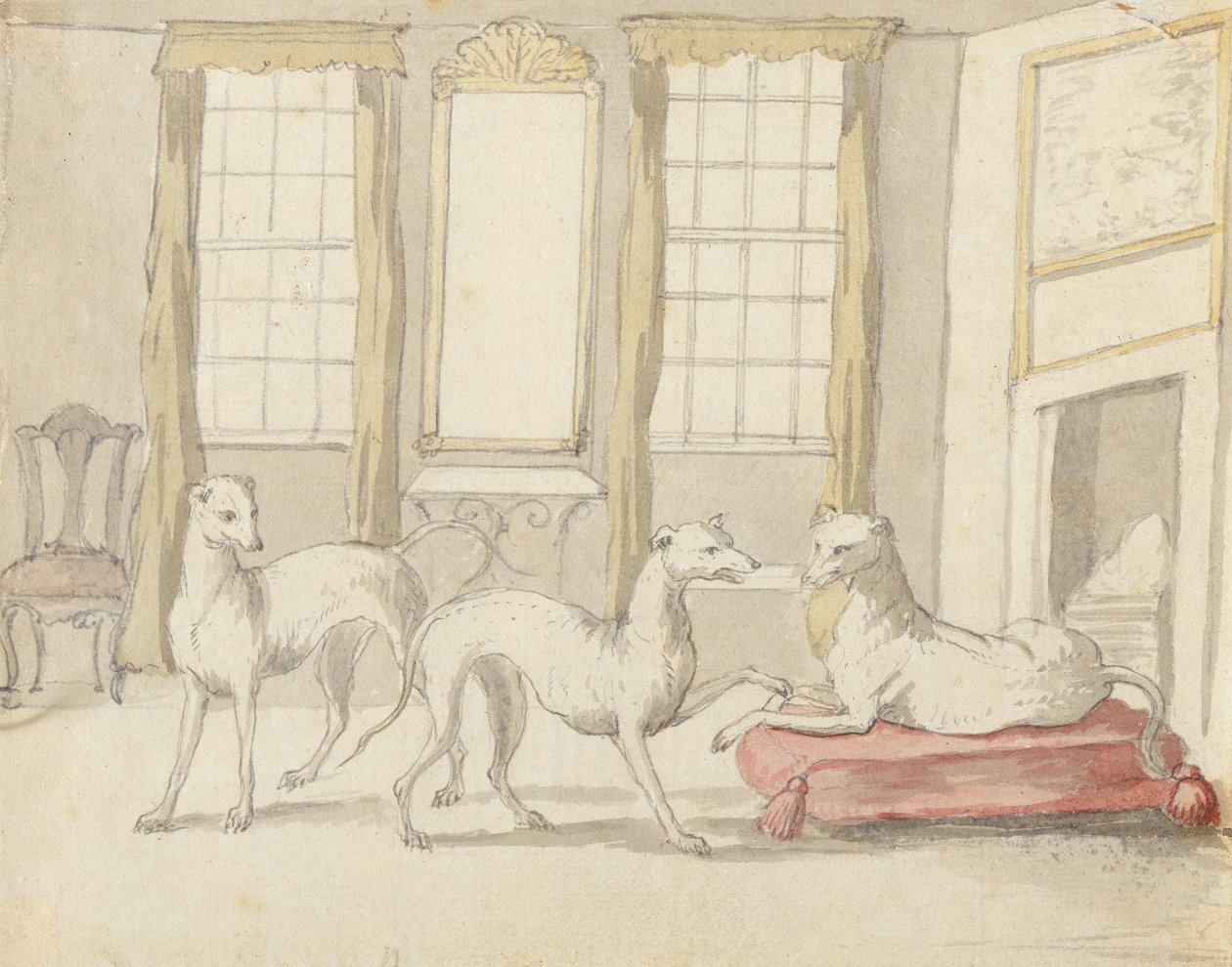 Tres galgos en una habitación de Pieter Casteels