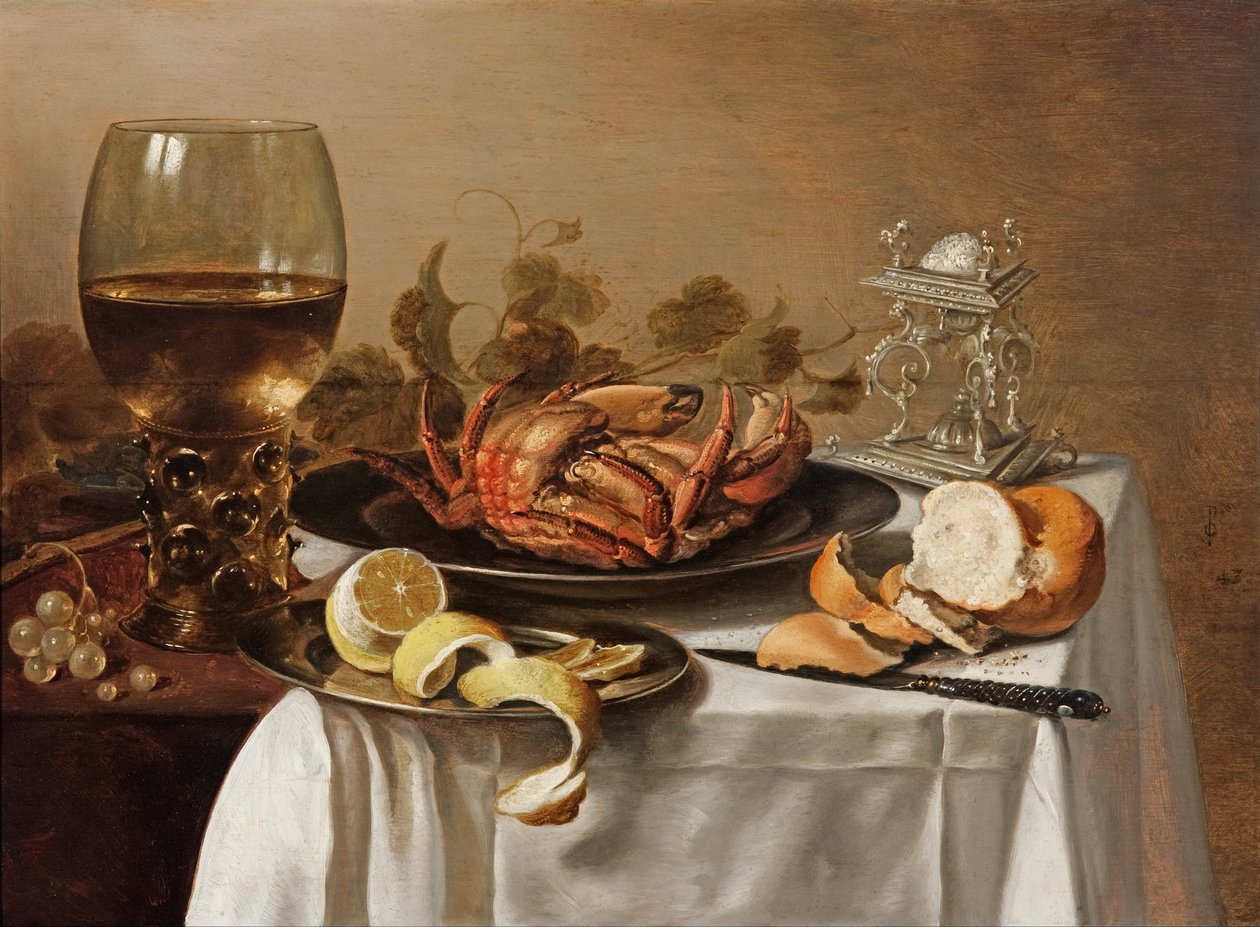 Bodegón con un roemer, un cangrejo y un limón pelado de Pieter Claesz