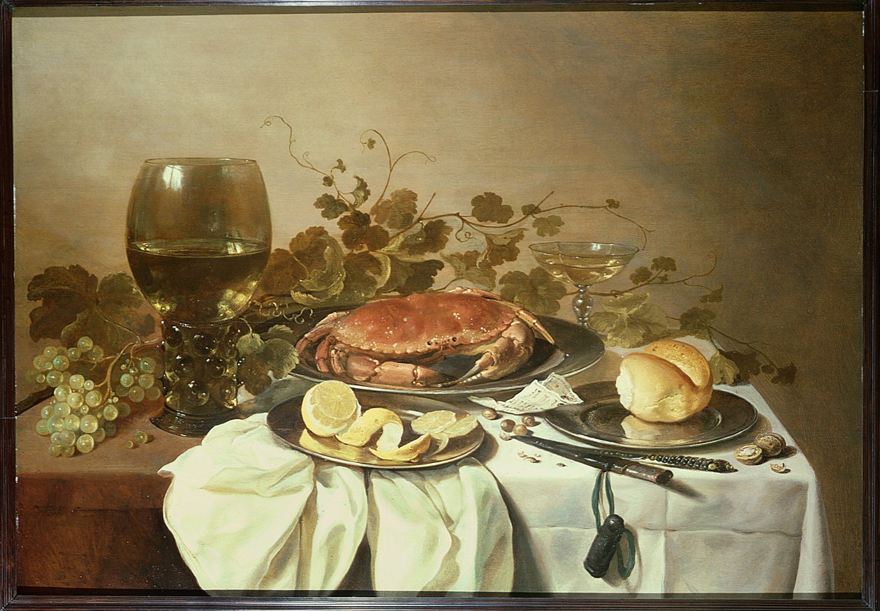 Bodegón de desayuno con roemer y un cangrejo de Pieter Claesz