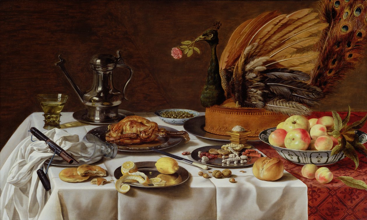 Naturaleza Muerta con Pastel de Pavo Real, 1627 de Pieter Claesz