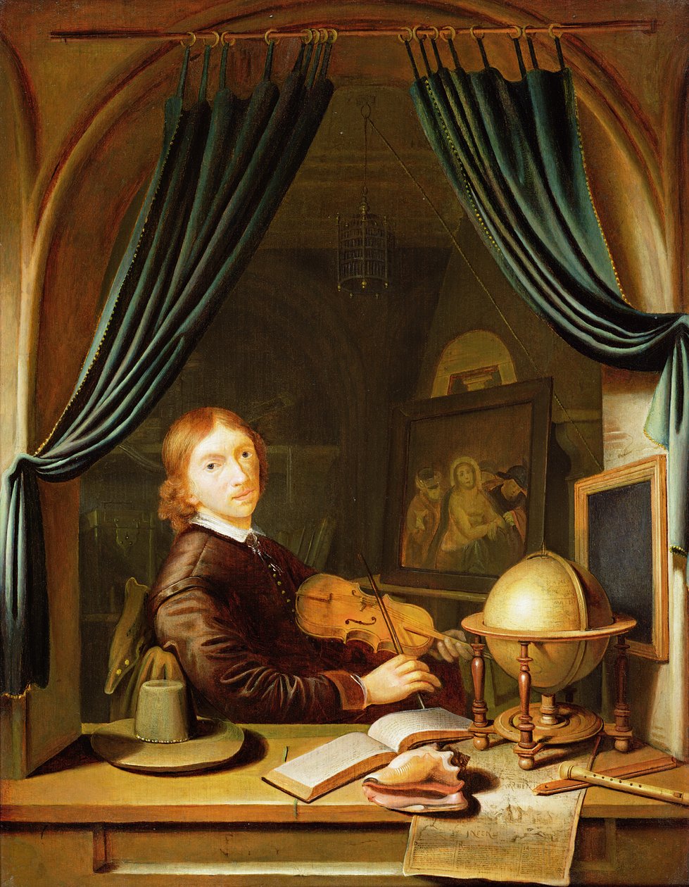 Un músico tocando un violín junto a una ventana con cortinas de Pieter Cornelisz van Egmont