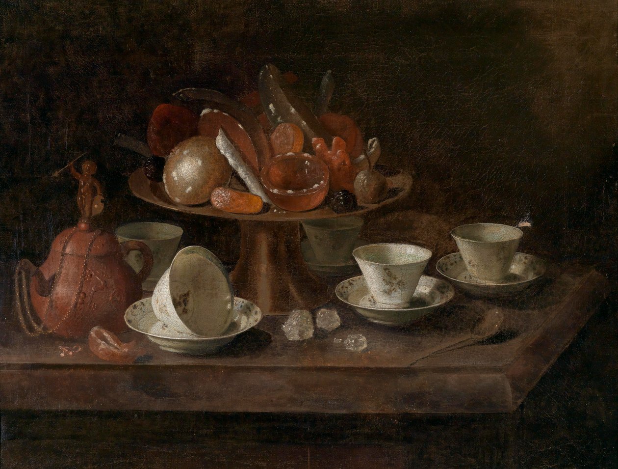 Naturaleza muerta con tazas de chocolate y una taza con dulces de Pieter Gerritsz. van Roestraten