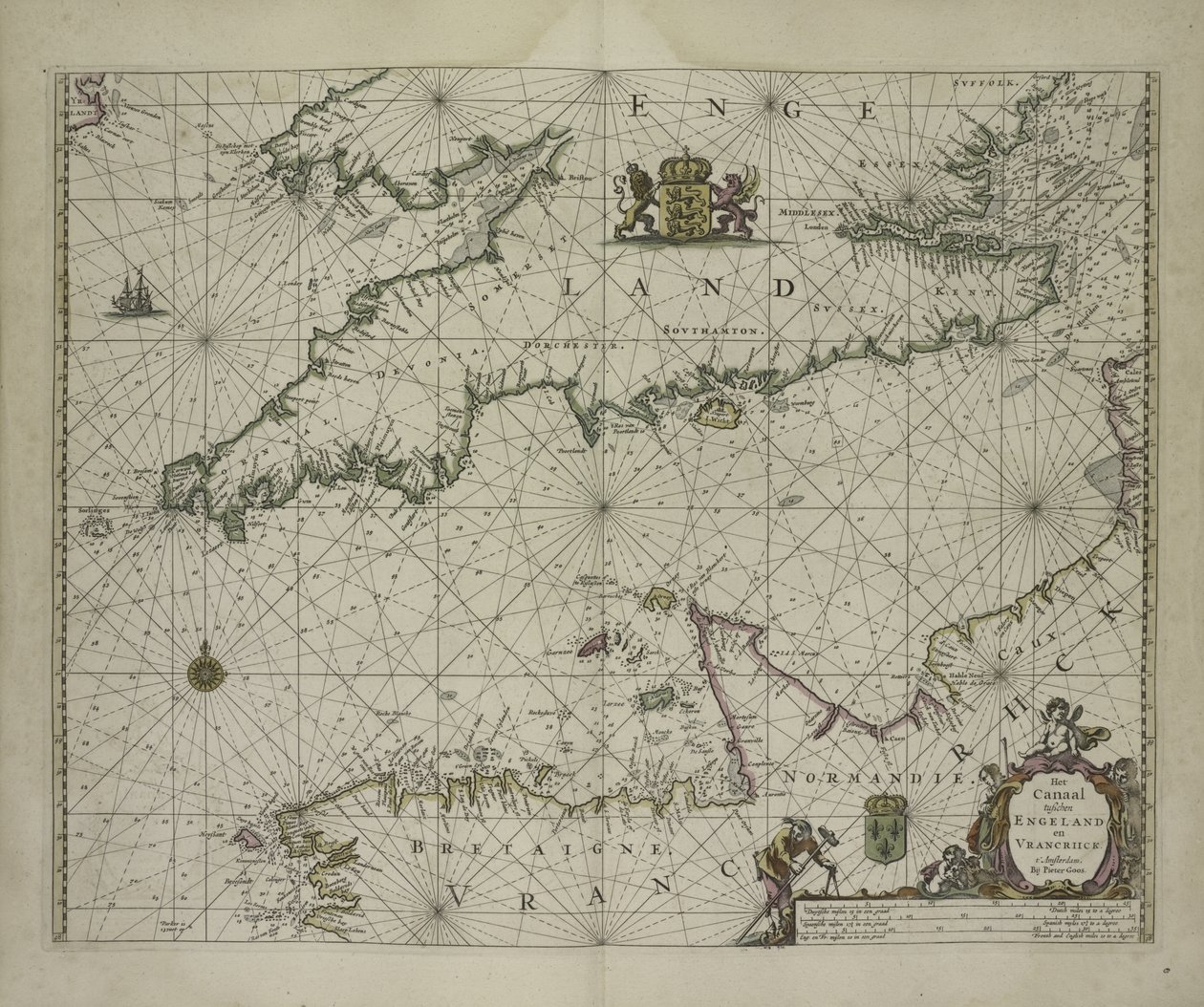 Mapa antiguo del Canal, 1666 (grabado en color) de Pieter Goos