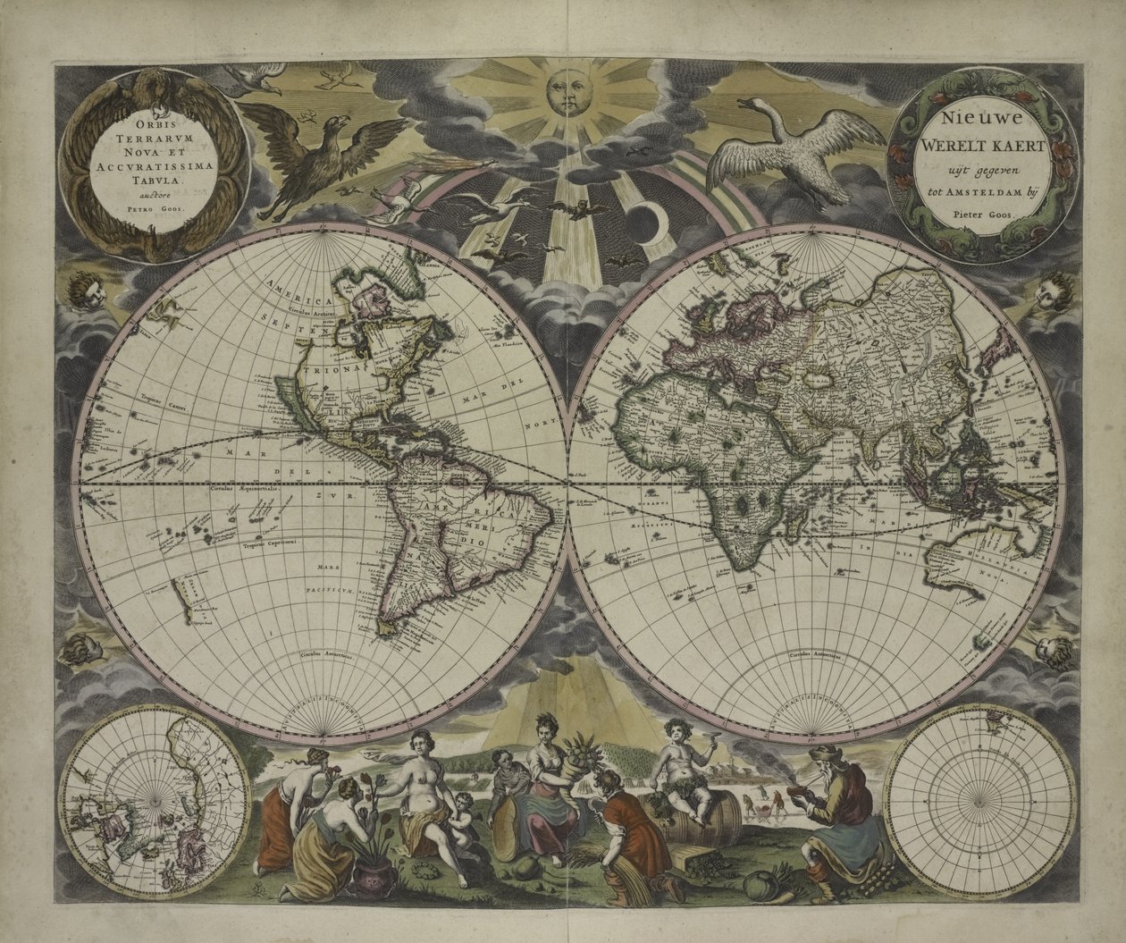 Mapa mundial de doble hemisferio del Atlas del Mar de Goos, 1672 de Pieter Goos