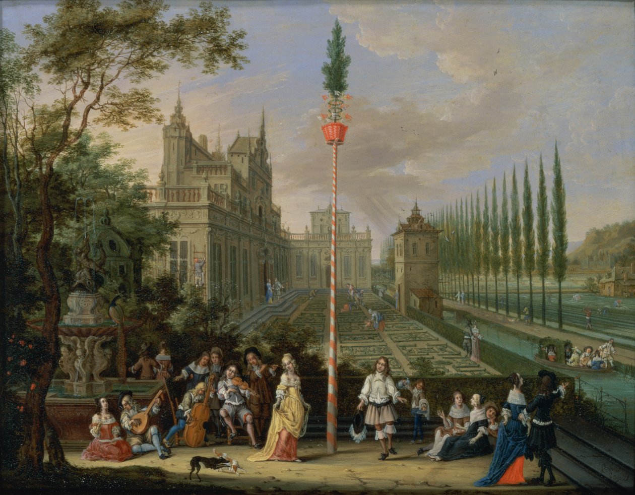 Figuras elegantes tocando instrumentos musicales alrededor de un palo de mayo de Peeter Gijsels