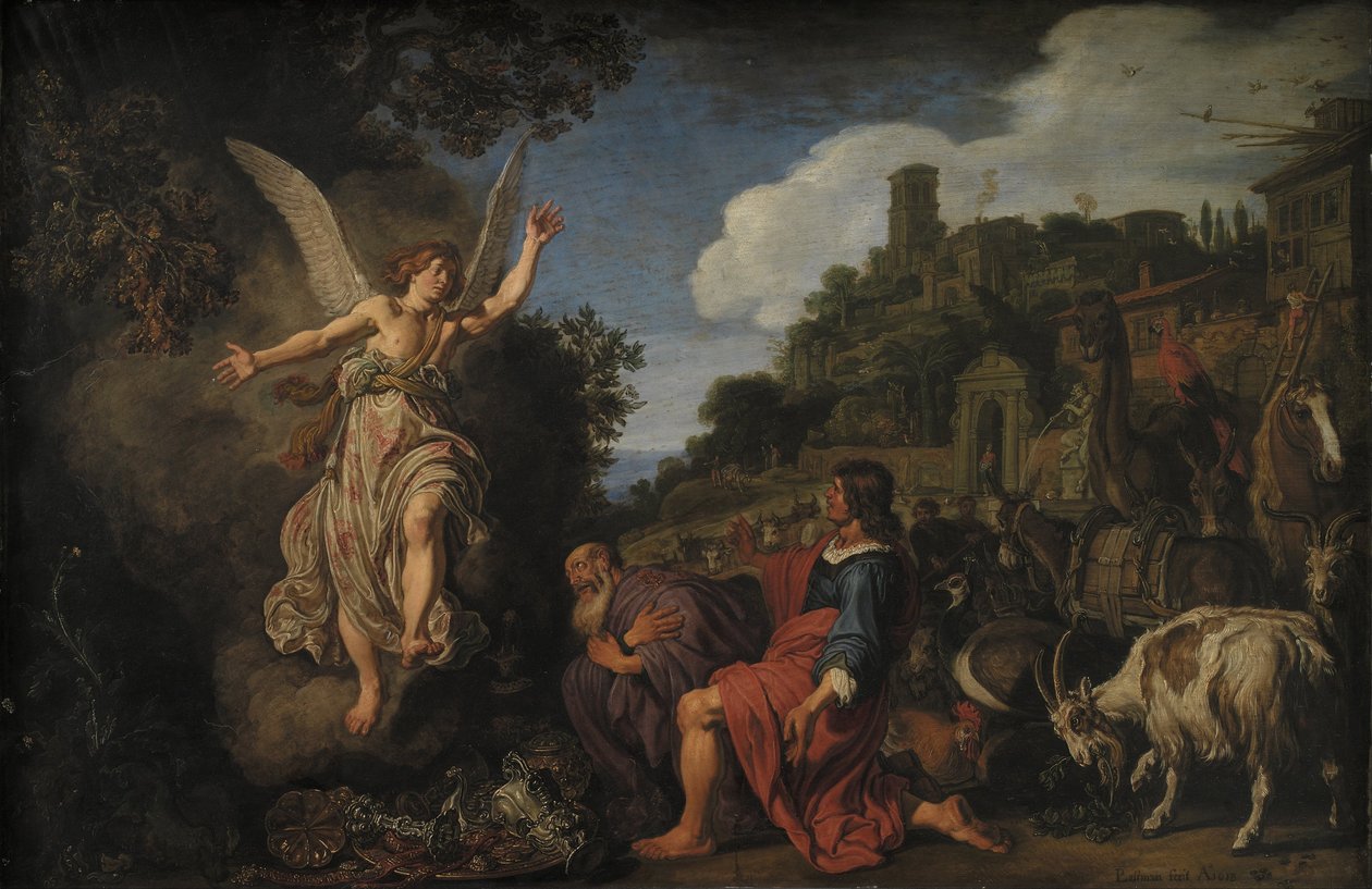 El ángel Rafael se despide del viejo Tobit y su hijo Tobías de Pieter Lastman