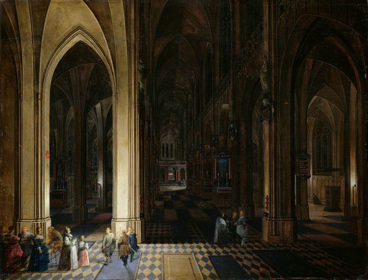 El interior de la catedral de Amberes a la luz de velas y antorchas de Pieter Neefs