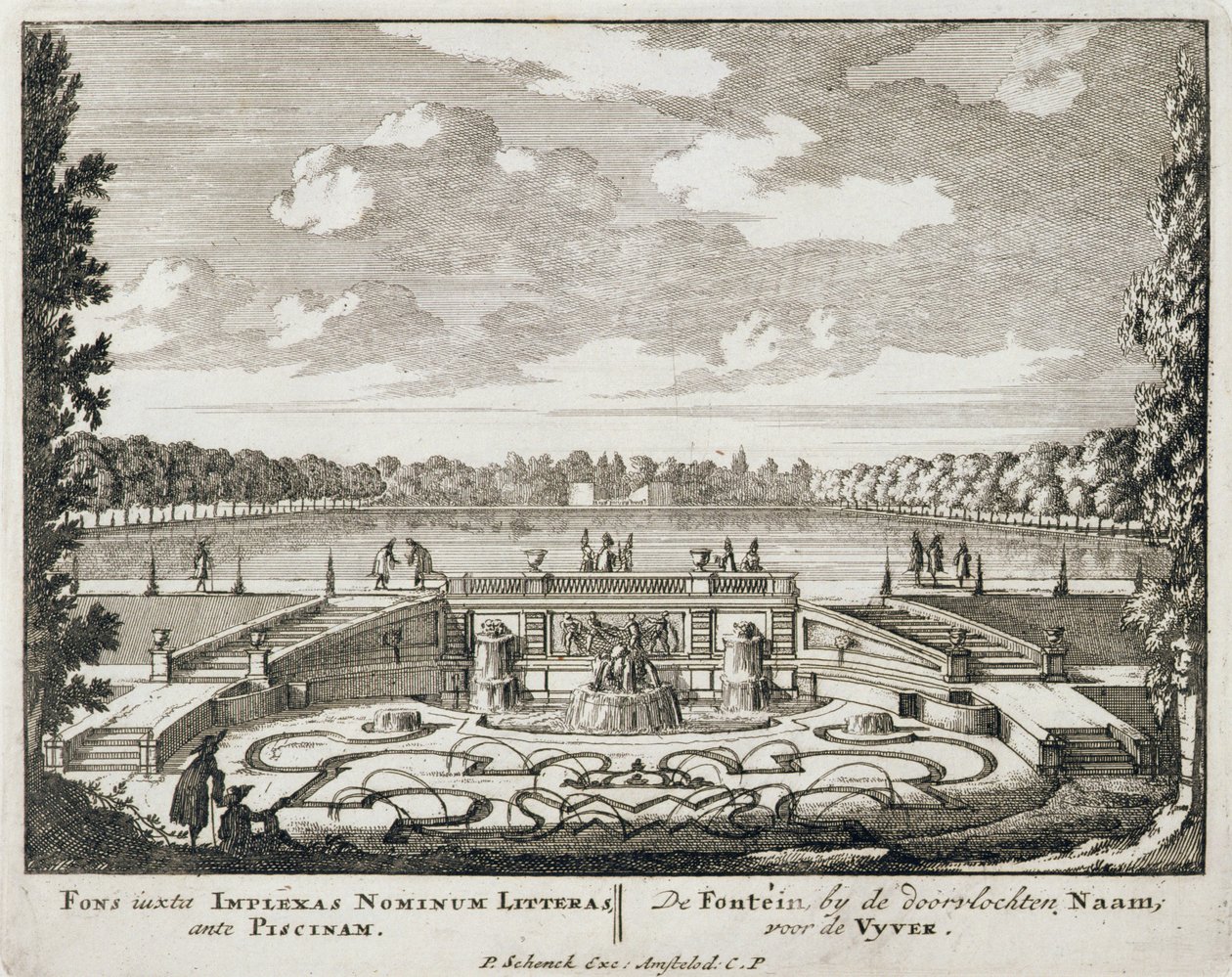 Fuente y chorros de agua en un jardín formal holandés, de 
