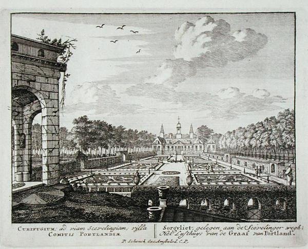 La casa y el jardín en Sorgvliet, asiento de Hans Willem Bentinck (1649-1709), 1er Conde de Portland, de Admirandorum Quadruplex Spectaculum, por Jan van Call (1656-1703), publicado antes de 1715 de Pieter Schenk