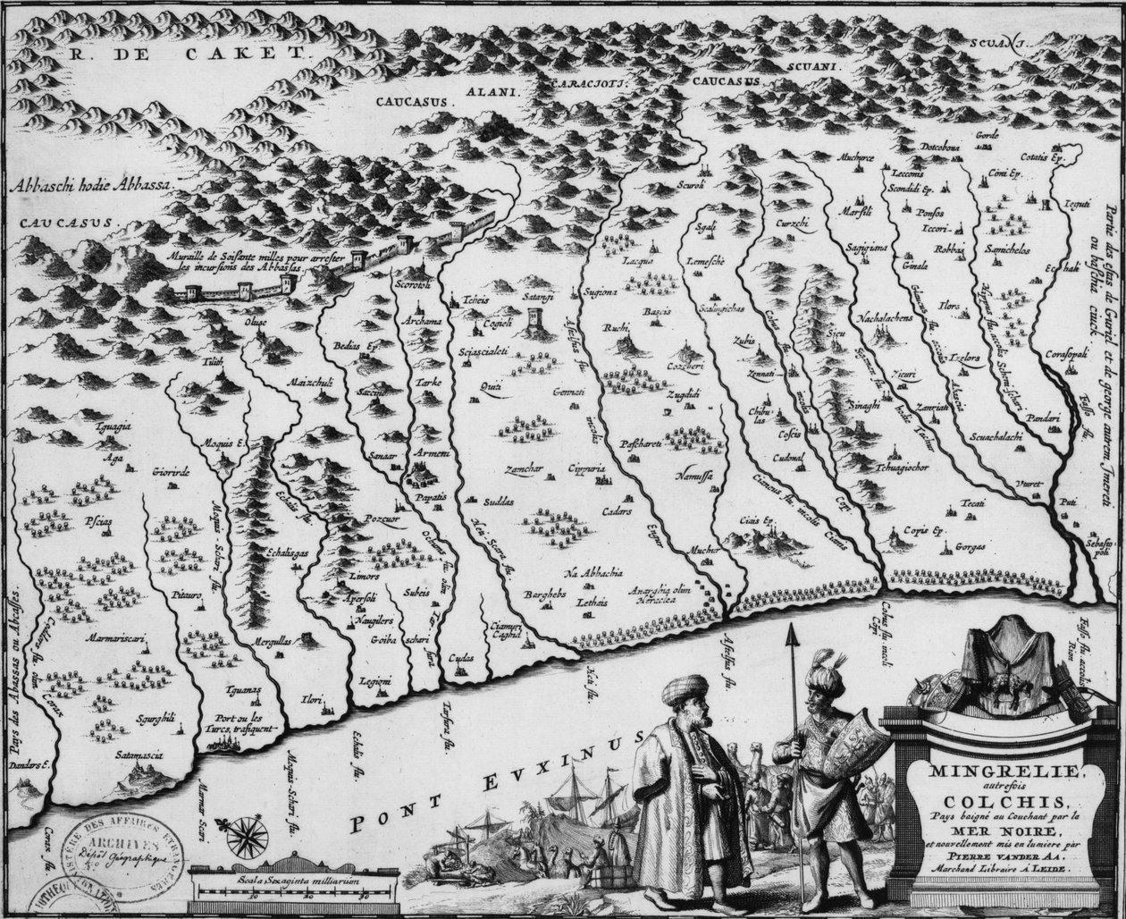 Mapa de Cólquida (1714) - muestra la representación más antigua conocida del muro de Pieter Van der Aa