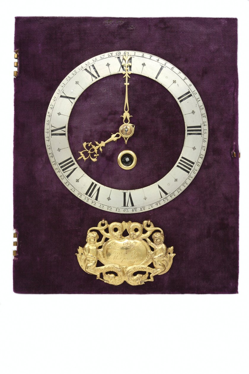 La esfera, firma, anillo de capítulo y manecillas de un reloj de mesa, c.1660 de Pieter Visbach