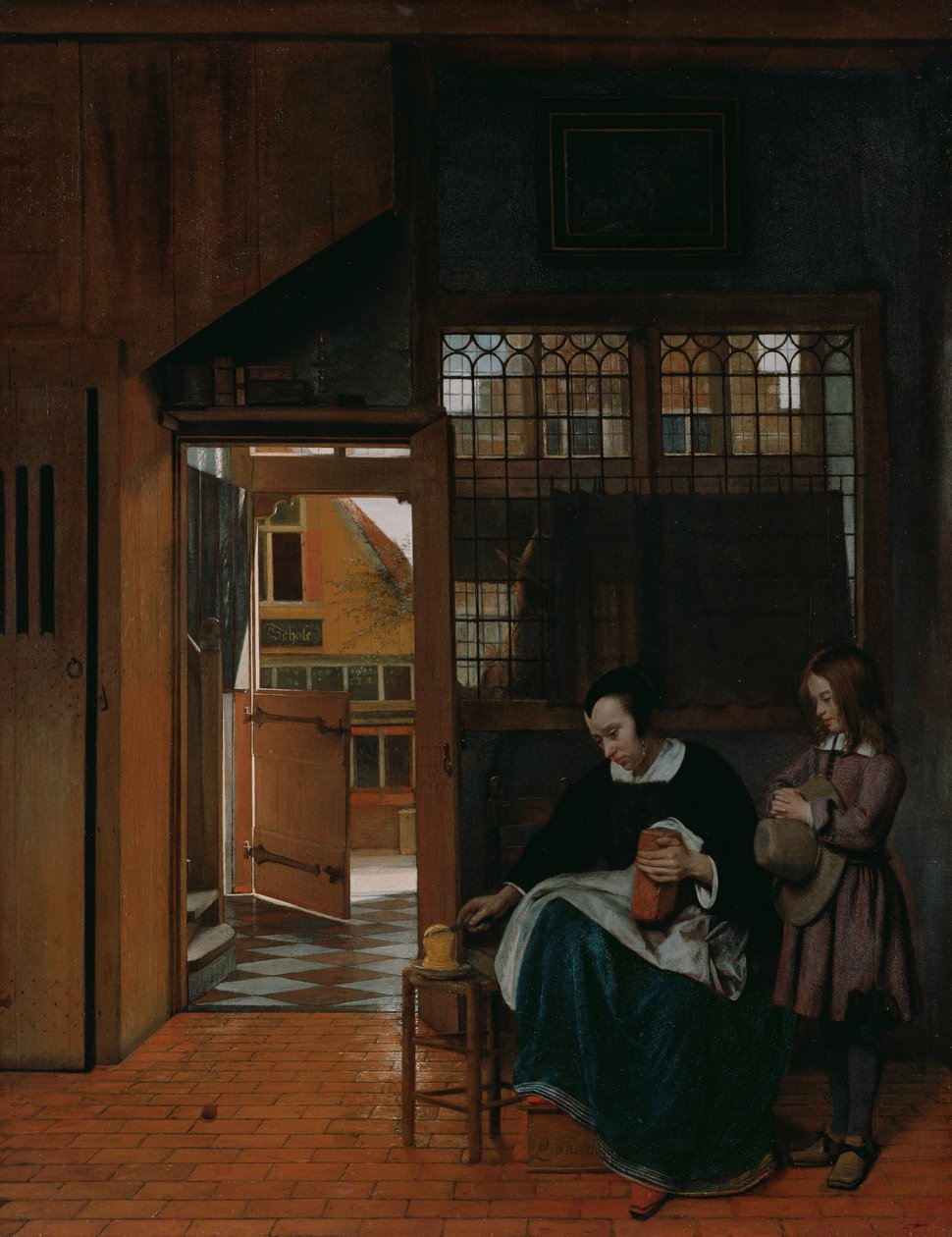 Una mujer preparando pan y mantequilla para un niño de Pieter de Hooch