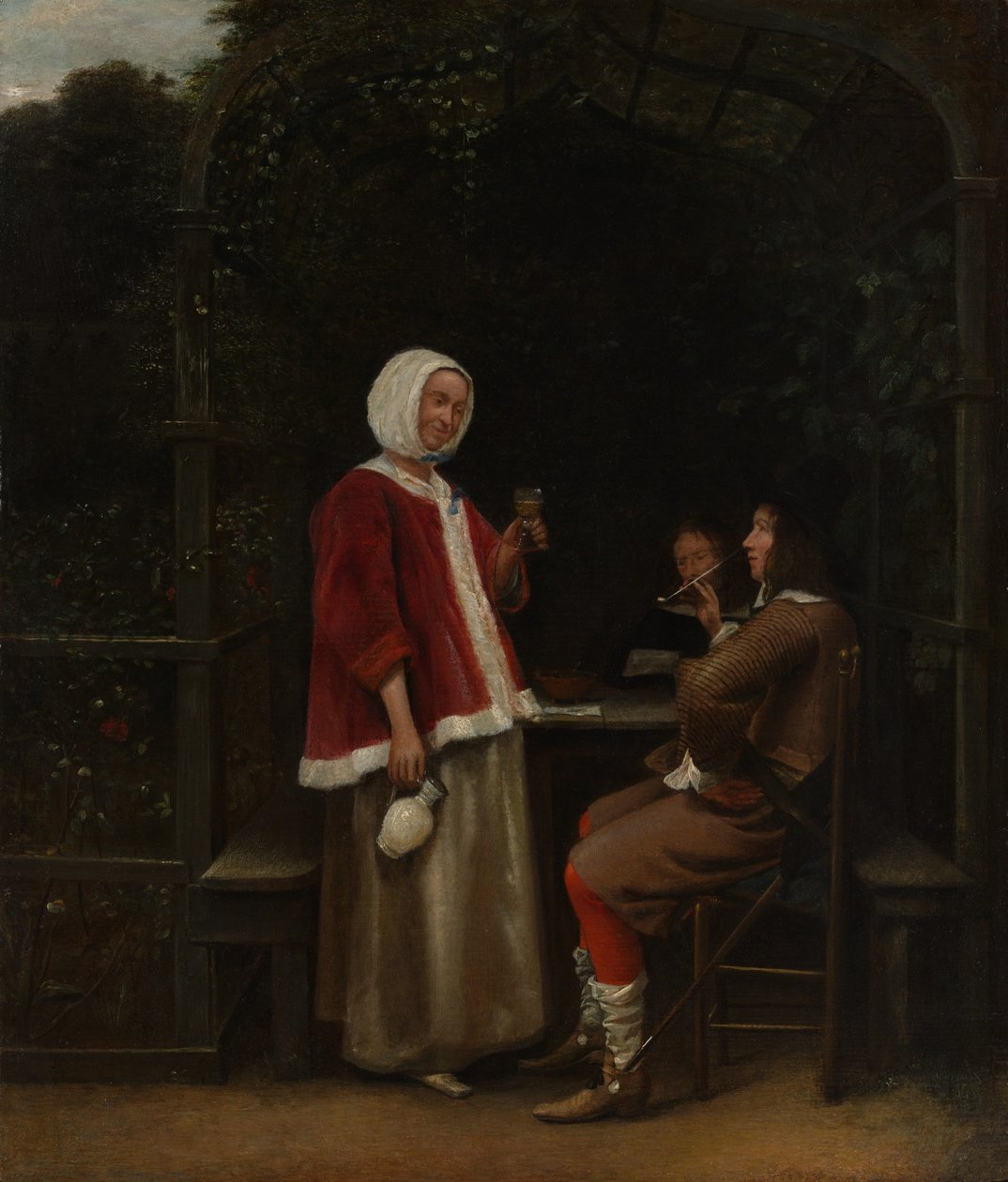 Una mujer y dos hombres en una glorieta de Pieter de Hooch