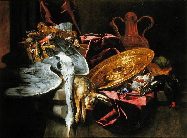 Naturaleza muerta con aves de caza y un conejo con una bandeja grabada, todo sobre una mesa de Pieter or Peter Boel