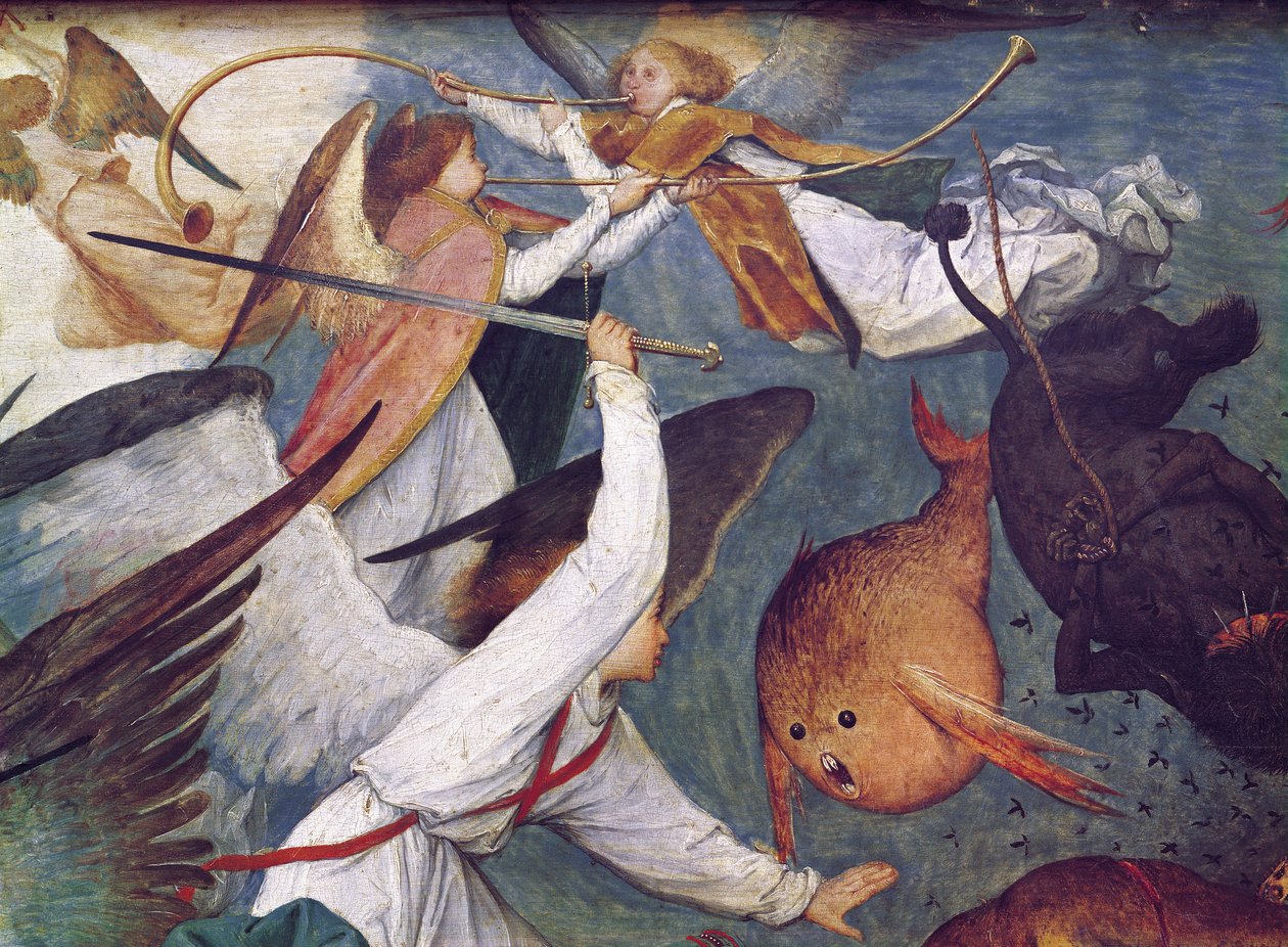 La caída de los ángeles rebeldes, detalle de ángeles luchando y tocando música de Pieter Bruegel the Elder