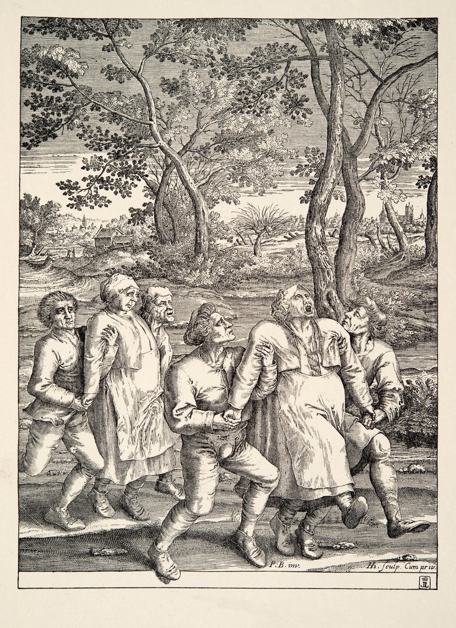 Dos grupos de campesinos siguiendo la Peregrinación de la Epilepsia, c.1642 de Pieter Bruegel the Elder