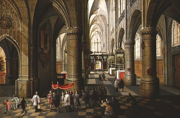 El interior de una catedral con una procesión de Pieter the Younger Neeffs