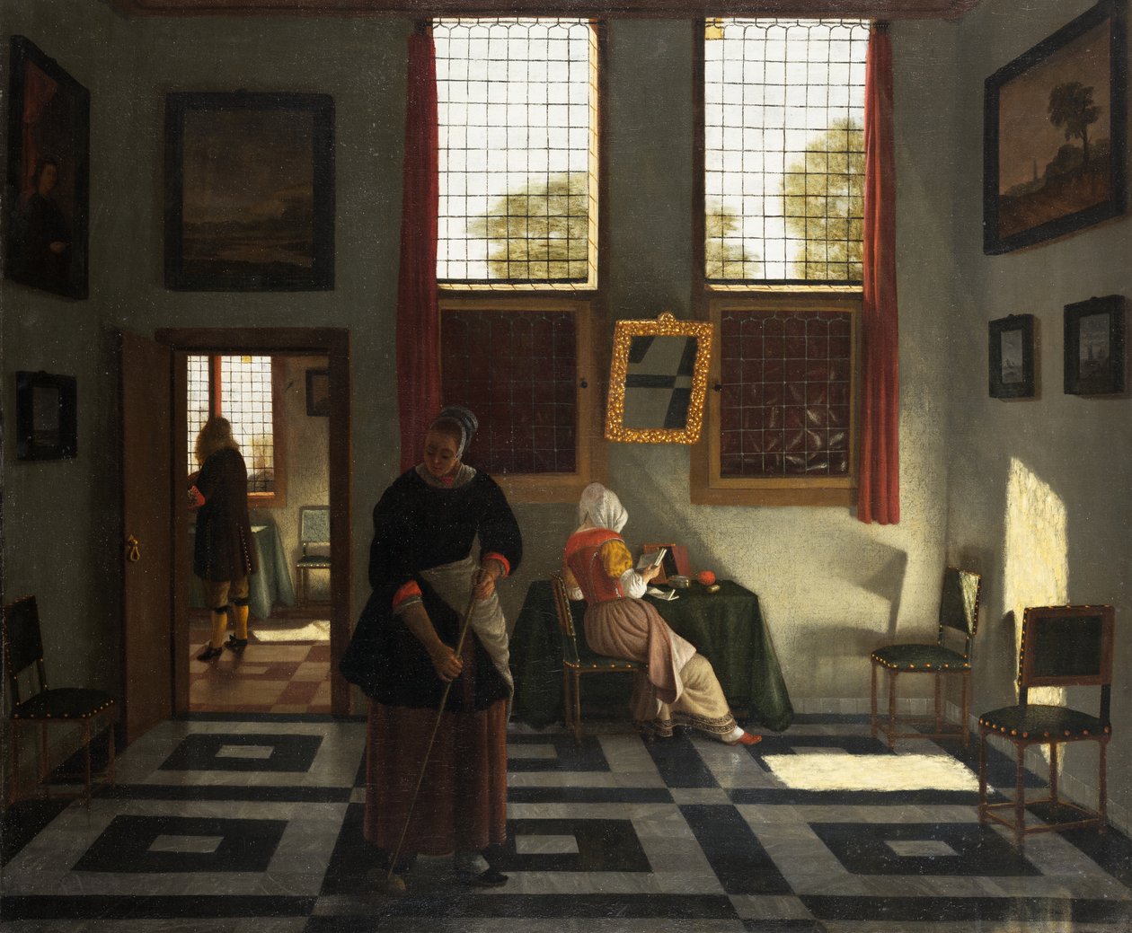 Interior con pintor, mujer leyendo y criada barriendo, c.1665-70 (óleo sobre lienzo) de Pieter (1623 82) Janssens