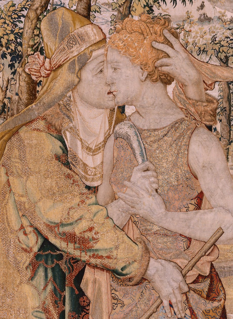 Tapiz flamenco. Serie Vertumnus y Pomona. Vertumnus besa a Pomona. Séptimo tapiz de la serie. Círculo Modelo de Pieter Coecke van Aelst. Fabricación Wilhelm Pannemaker, Bruselas. Ca 1545-1550. Tela Oro, plata, seda y lana. Tamaño 430 x 365 cm. de Pieter (circle of) Coecke van Aelst