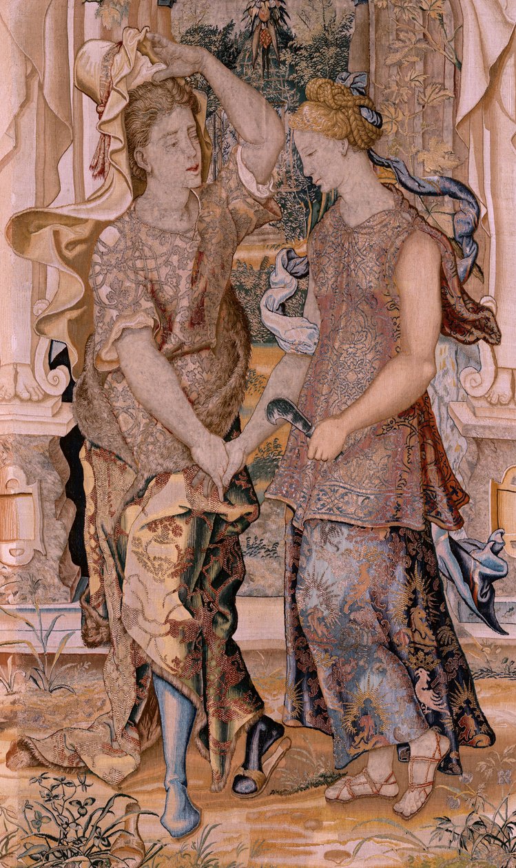 Tapiz flamenco. Serie Vertumnus y Pomona. Vertumnus revela su identidad a Pomona (Vertumno se descubre ante Pomona). Octavo tapiz de la serie. Círculo Modelo de Pieter Coecke van Aelst. Fabricación Wilhelm Pannemaker, Bruselas. Ca 1545-1550. Fabricación de Pieter (circle of) Coecke van Aelst