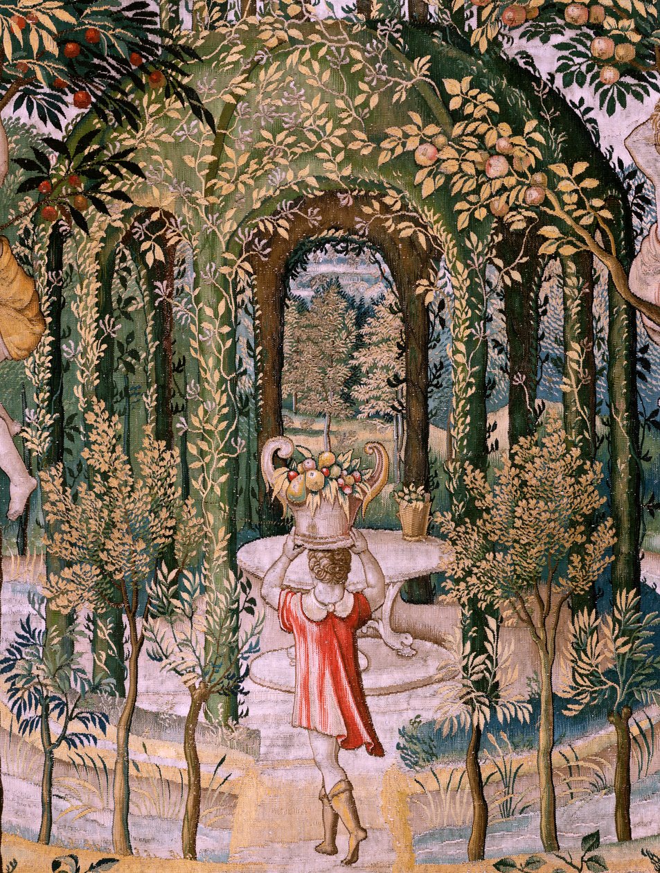 Tapiz flamenco. Serie Vertumnus y Pomona; Vertumnus transformado en jardinero (Vertumno transformado en jardinero). Quinto tapiz de la serie. Círculo Modelo de Pieter Coecke Van Aelst y Léonard Thiry. Fabricación Taller desconocido, Bruselas, antes de Pieter (circle of) Coecke van Aelst