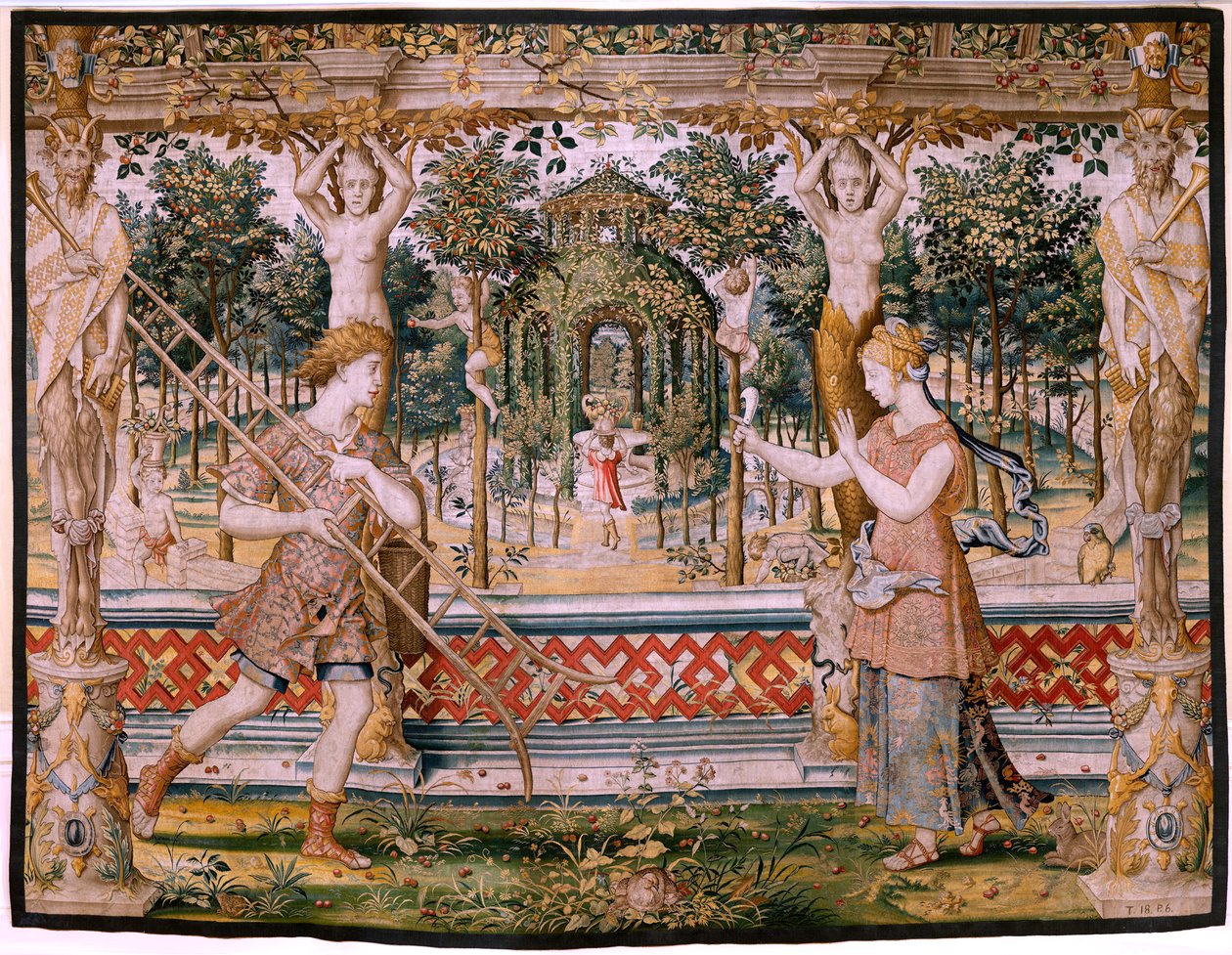 Tapiz flamenco. Serie Vertumnus y Pomona; Vertumnus transformado en jardinero (Vertumno transformado en jardinero). Quinto tapiz de la serie. Círculo Modelo de Pieter Coecke Van Aelst y Léonard Thiry. Fabricación Taller desconocido, Bruselas, antes de Pieter (circle of) Coecke van Aelst