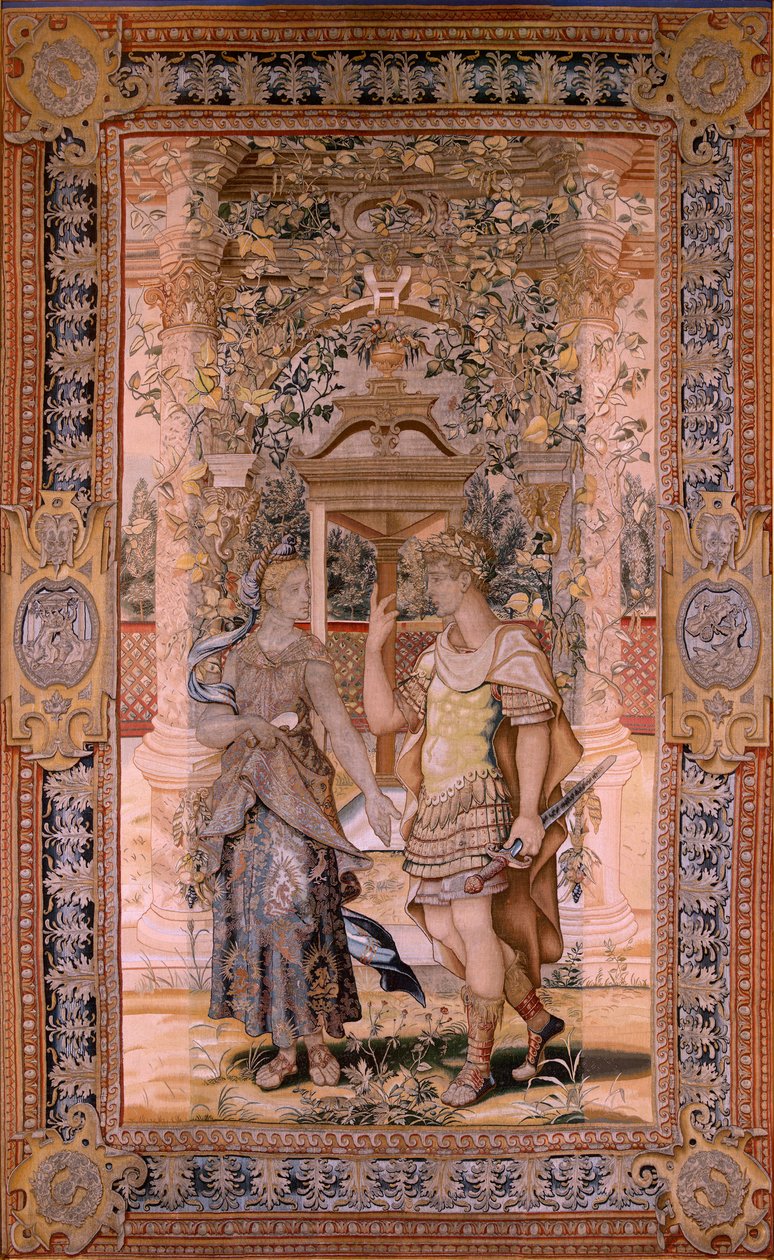 Tapiz flamenco. Serie Vertumnus y Pomona. Vertumnus transformado en guerrero. Cuarto tapiz de la serie. Círculo Modelo de Pieter Coecke van Aelst. Fabricación Wilhelm Pannemaker, Bruselas. Ca1545-1550. Tela Oro, plata, seda y lana. Talla 425 de Pieter (circle of) Coecke van Aelst