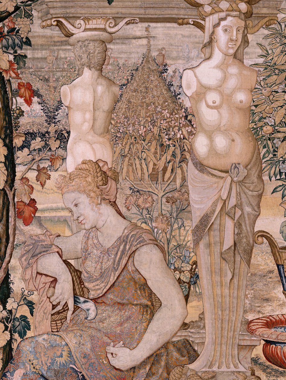 Tapiz flamenco. Serie Vertumnus y Pomona. Vertumnus transformado en una anciana. Vertumnus transformado en una anciana. Sexto tapiz de la serie. Círculo Modelo de Pieter Coecke van Aelst. Fabricación Wilhelm Pannemaker, Bruselas. Ca 1545-1550. de Pieter (circle of) Coecke van Aelst