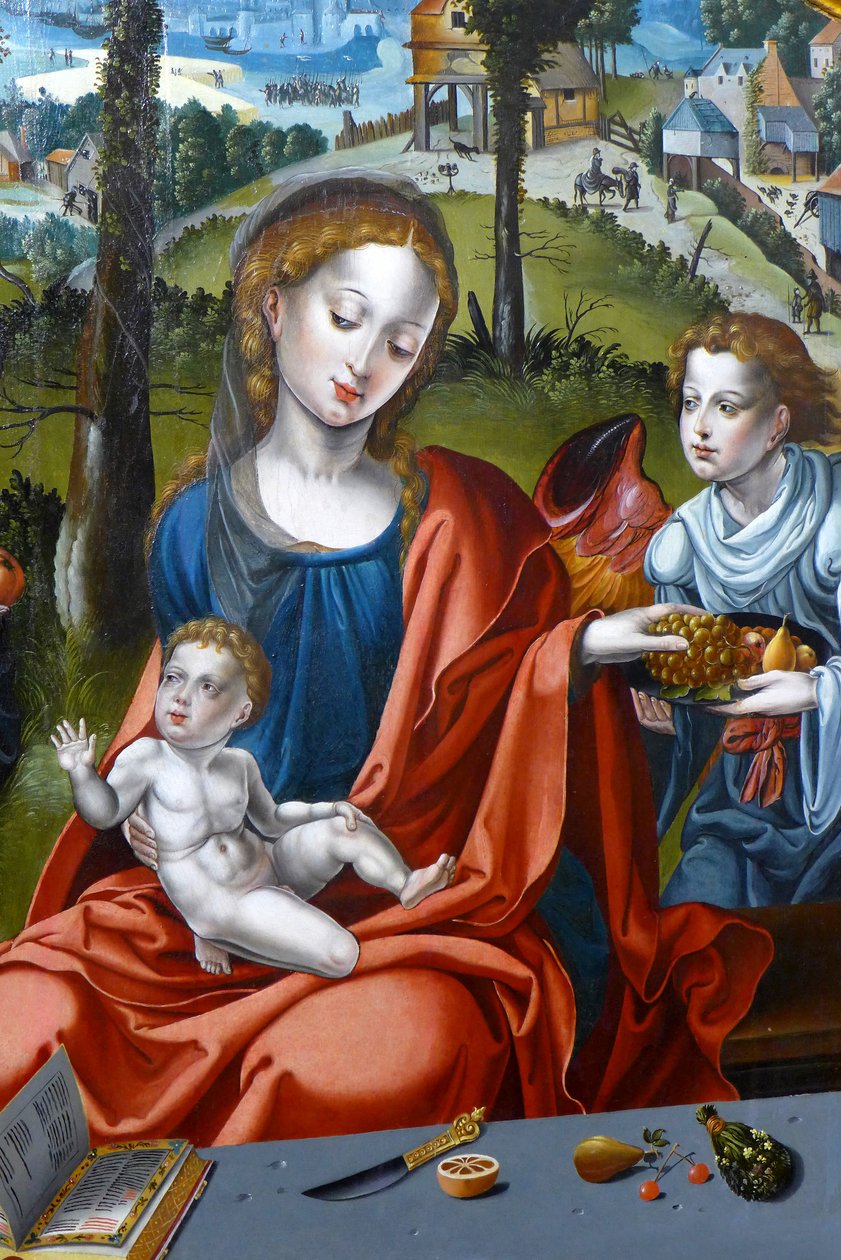 María, el Niño Jesús y un ángel. Detalle del tríptico de la Sagrada Familia de Pieter (studio of) Coecke van Aelst