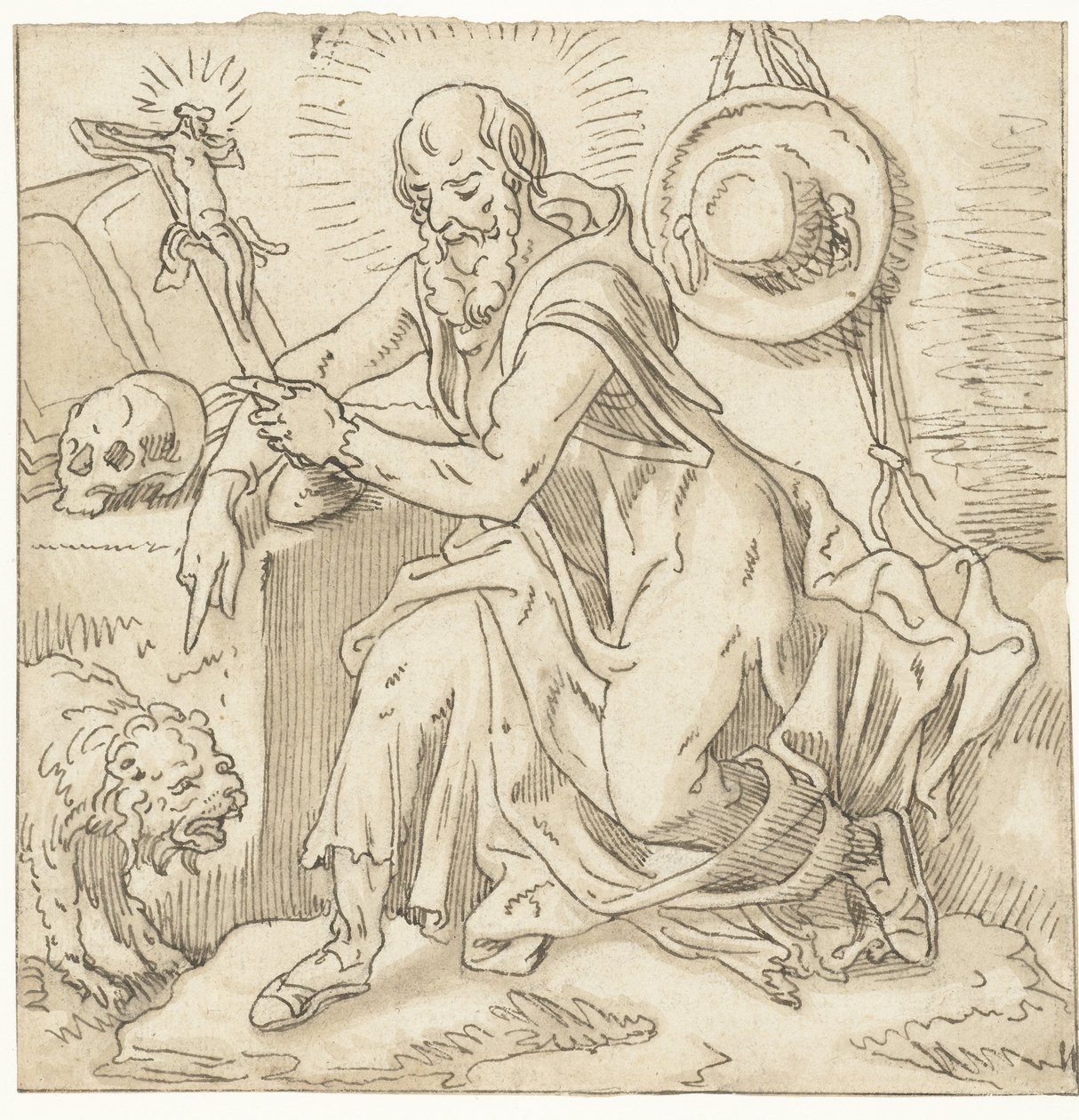 San Jerónimo sentado junto a un crucifijo, un libro y una calavera de Pieter Aertsen (workshop of)