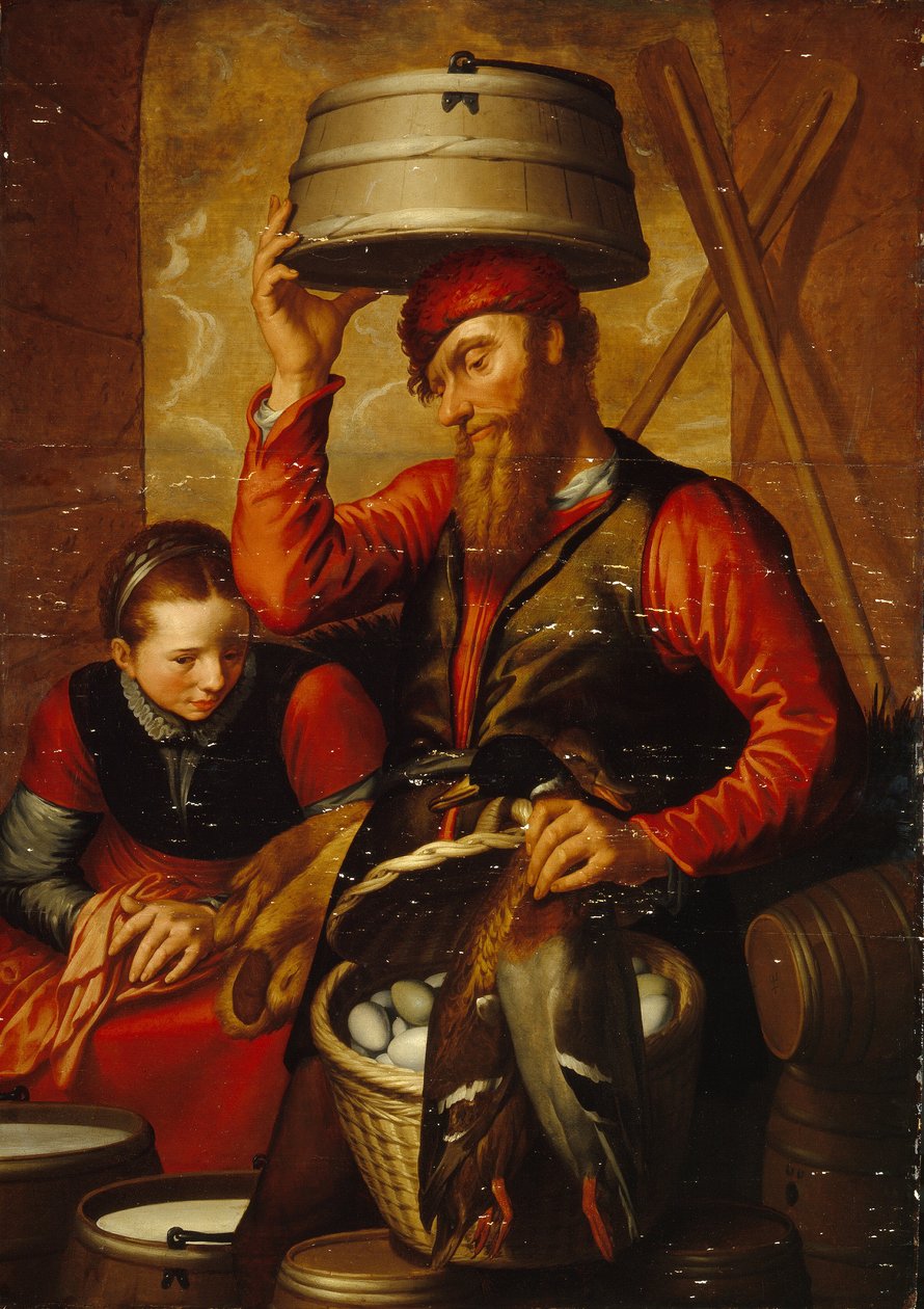 El Vendedor de Aves (Vendedor de Aves). Una pareja de campesinos ataviados con el traje tradicional, preparan sus cestas de huevos y sus mercancías para el mercado. Pintura de Pieter Aertsen (1508-1575), óleo sobre madera de Pieter Aertsen