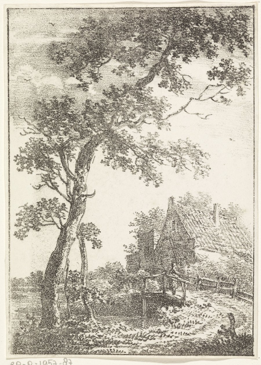 Paisaje con árbol, puente y casa. de Pieter Bartholomeusz. Barbiers