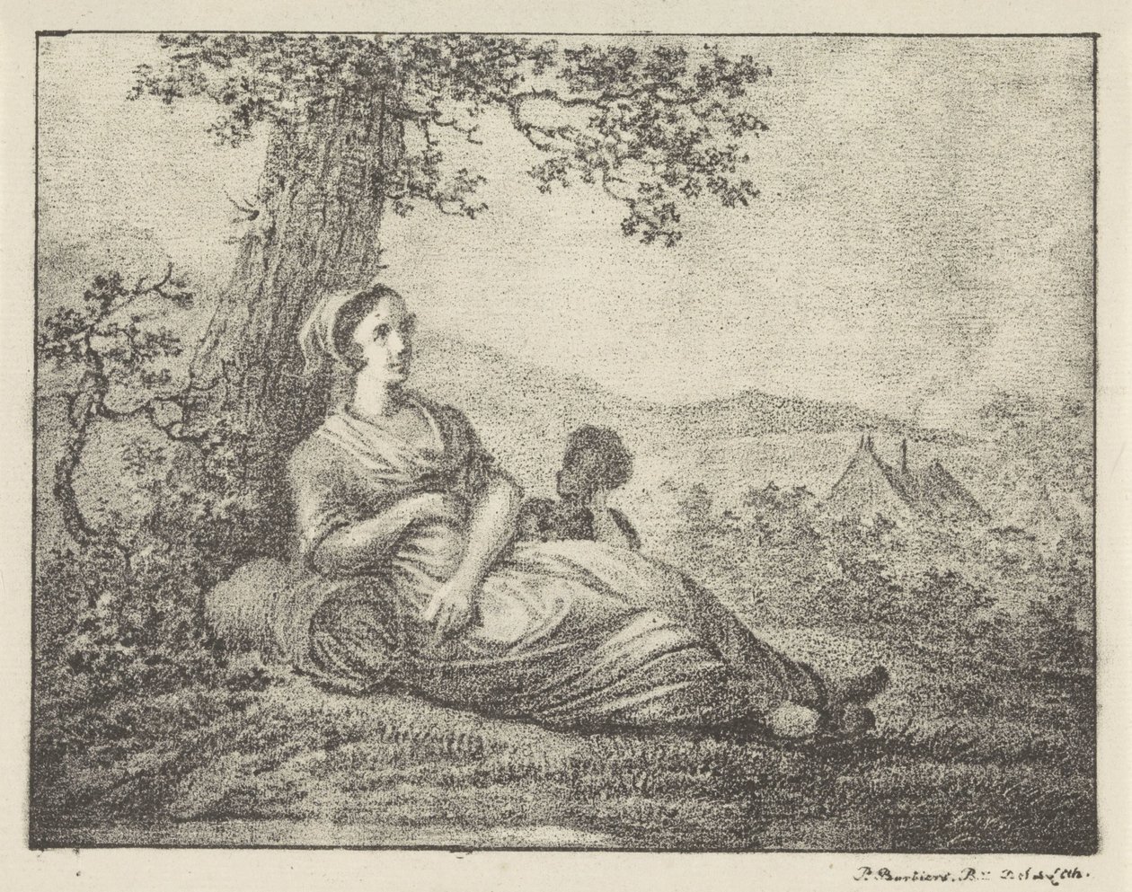 Descansando mujer por árbol de Pieter Bartholomeusz. Barbiers