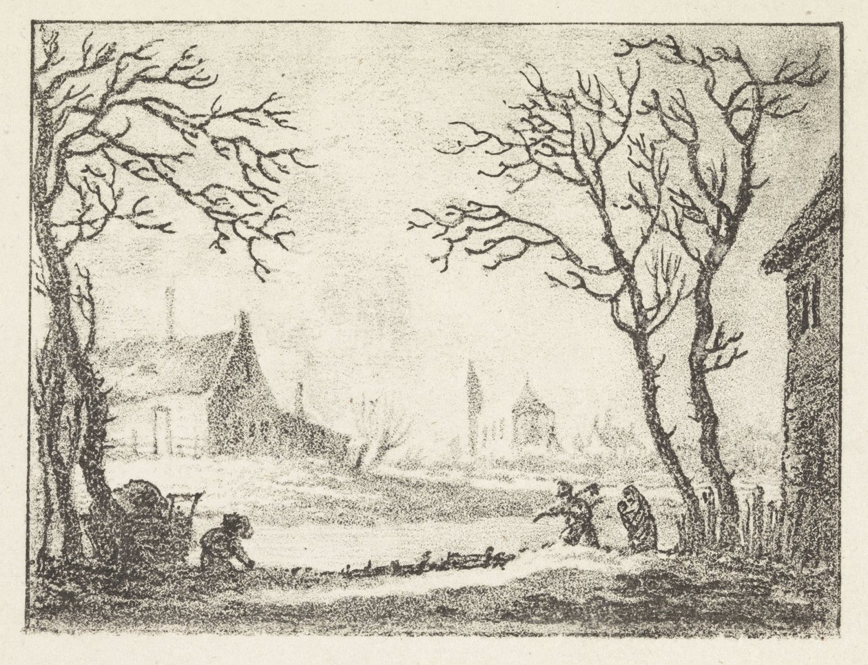 Paisaje invernal con casas y figuras de Pieter Bartholomeusz. Barbiers