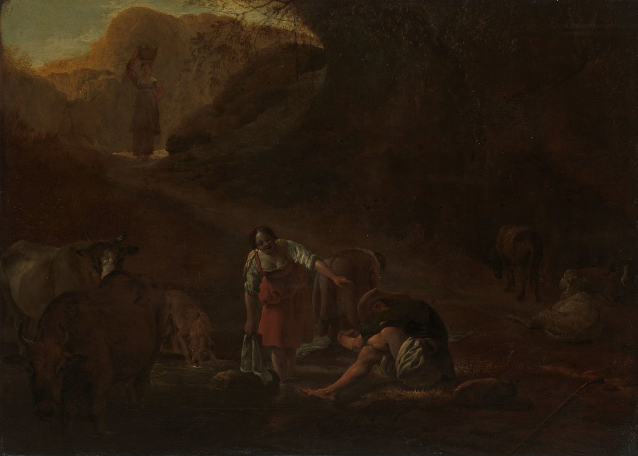 Un pastor y unas lavanderas en un manantial de Pieter Bodding van Laer