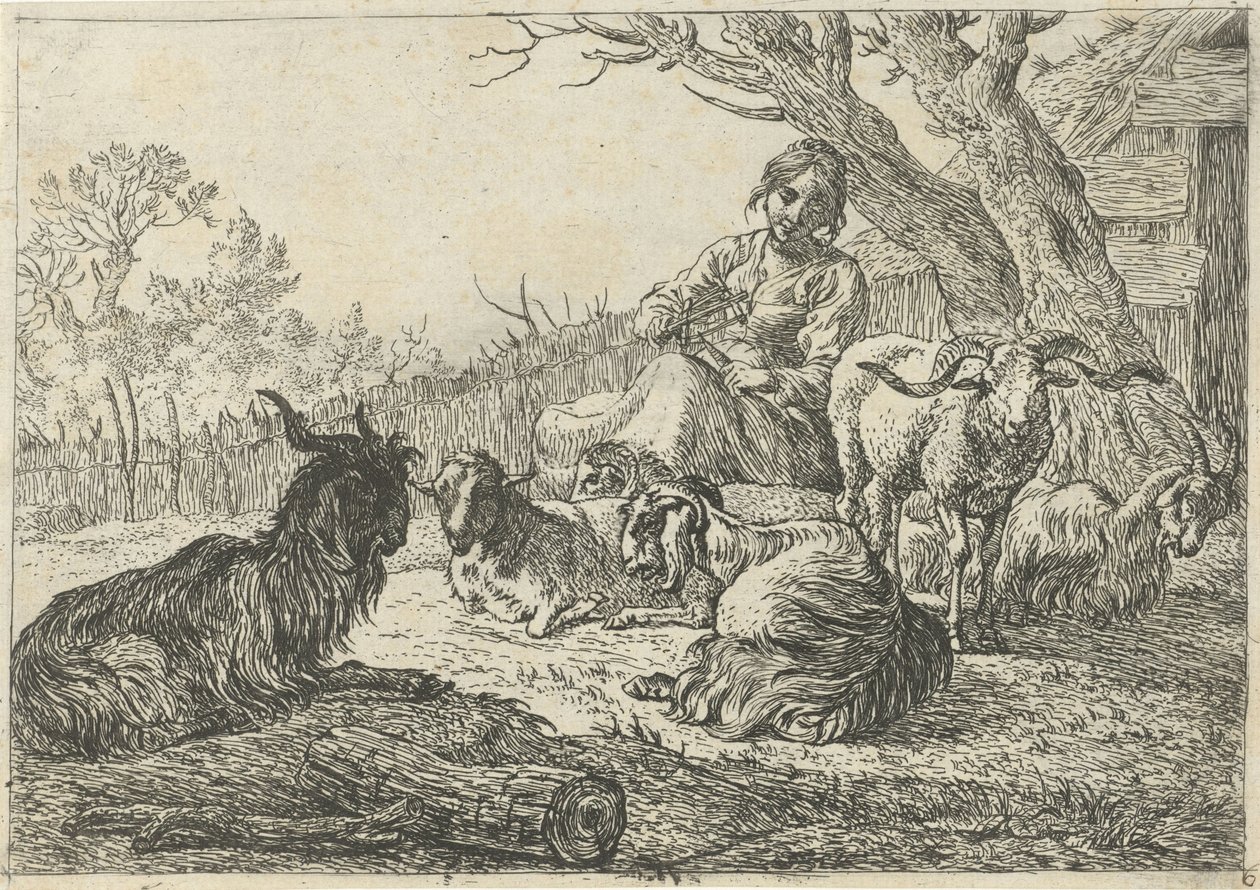 Pastora en medio de cabras y ovejas Diferentes animales (título de la serie) de Pieter Bodding van Laer