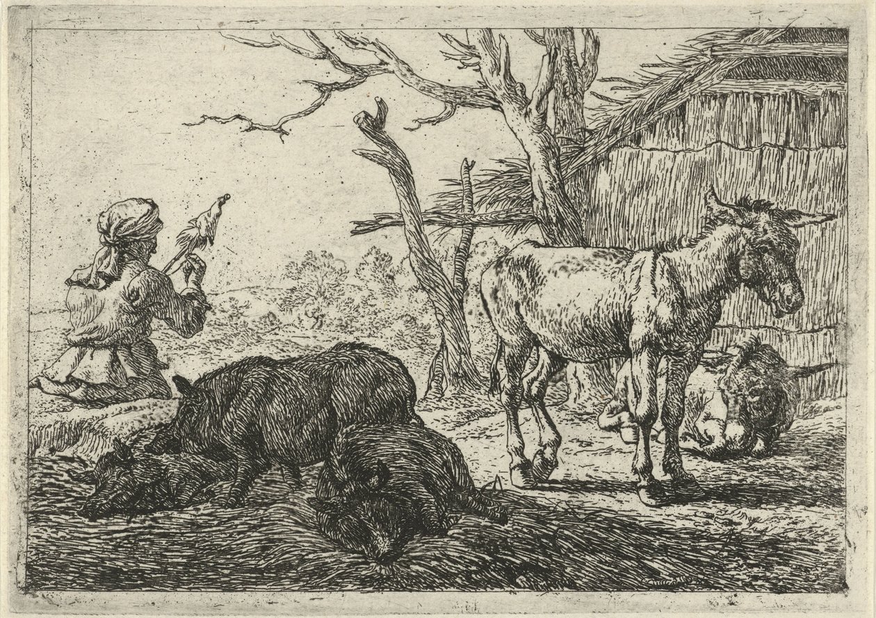 Mujer hilando, cerdos y burros Diferentes animales (título de la serie) de Pieter Bodding van Laer