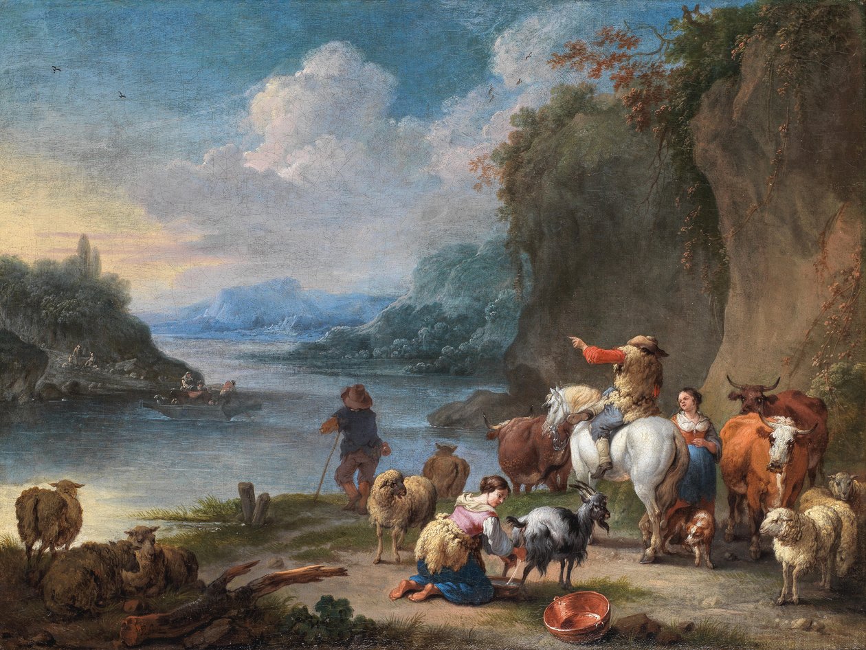 Arrieros y su rebaño descansando junto a un río de Pieter Bout