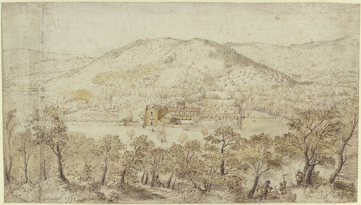 Paisaje montañoso meridional con edificios conventuales de Pieter Brueghel the Elder